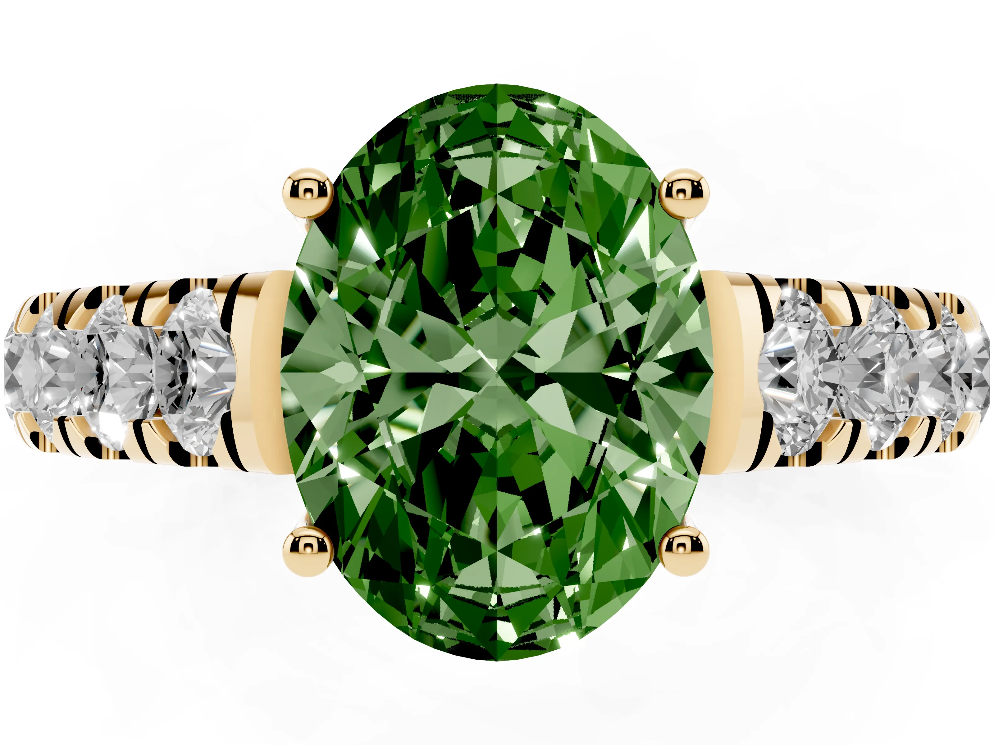Fancy Green Oval Cut Diamond Solitaire Ring Set in Yellow gold with Cut-Down Micro Pavé Band and Prong Setting
