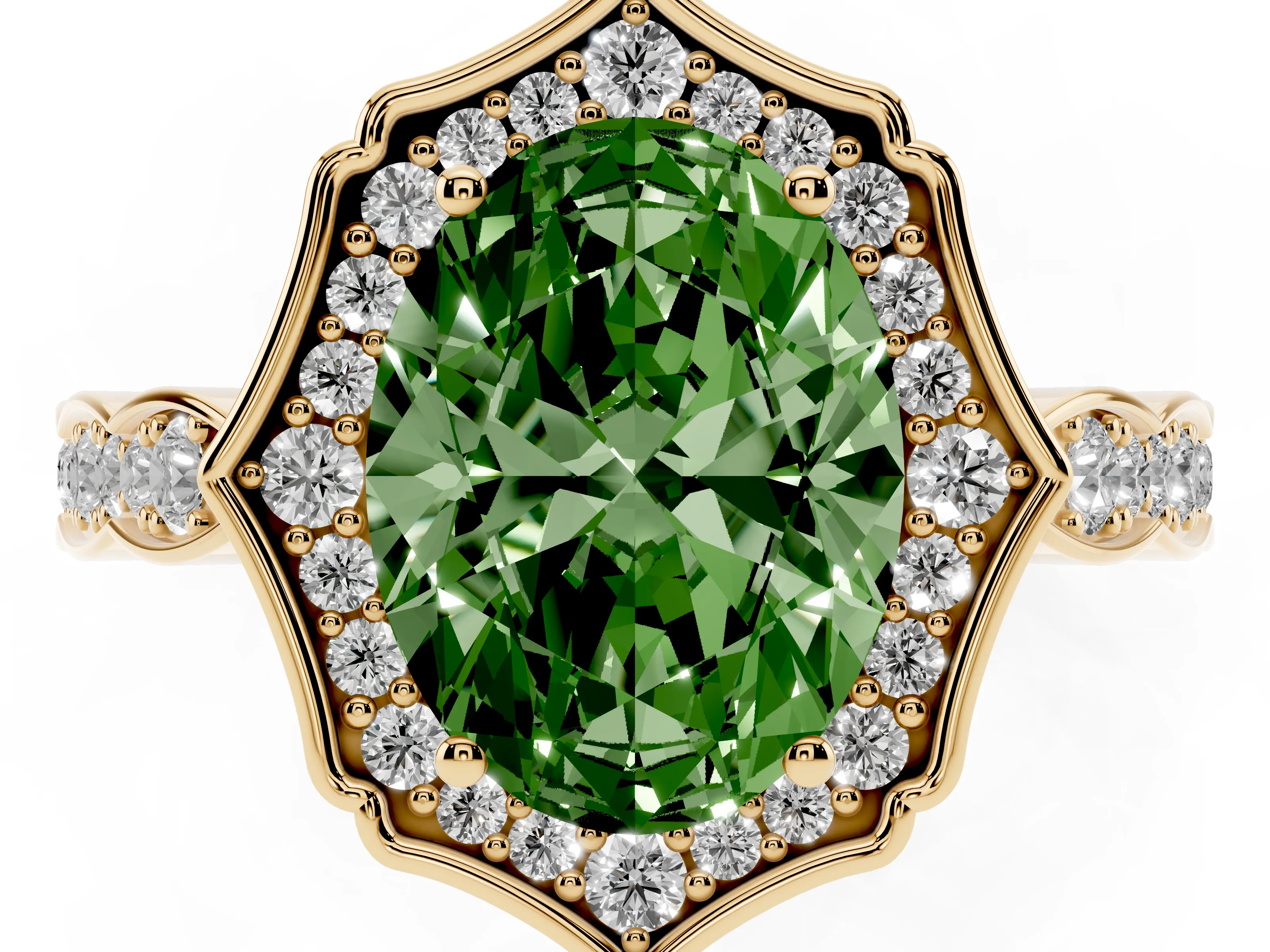 Fancy Green Oval Cut Diamond Halo Engagement Ring Set in Yellow gold with Milgrain Band and Prong Setting