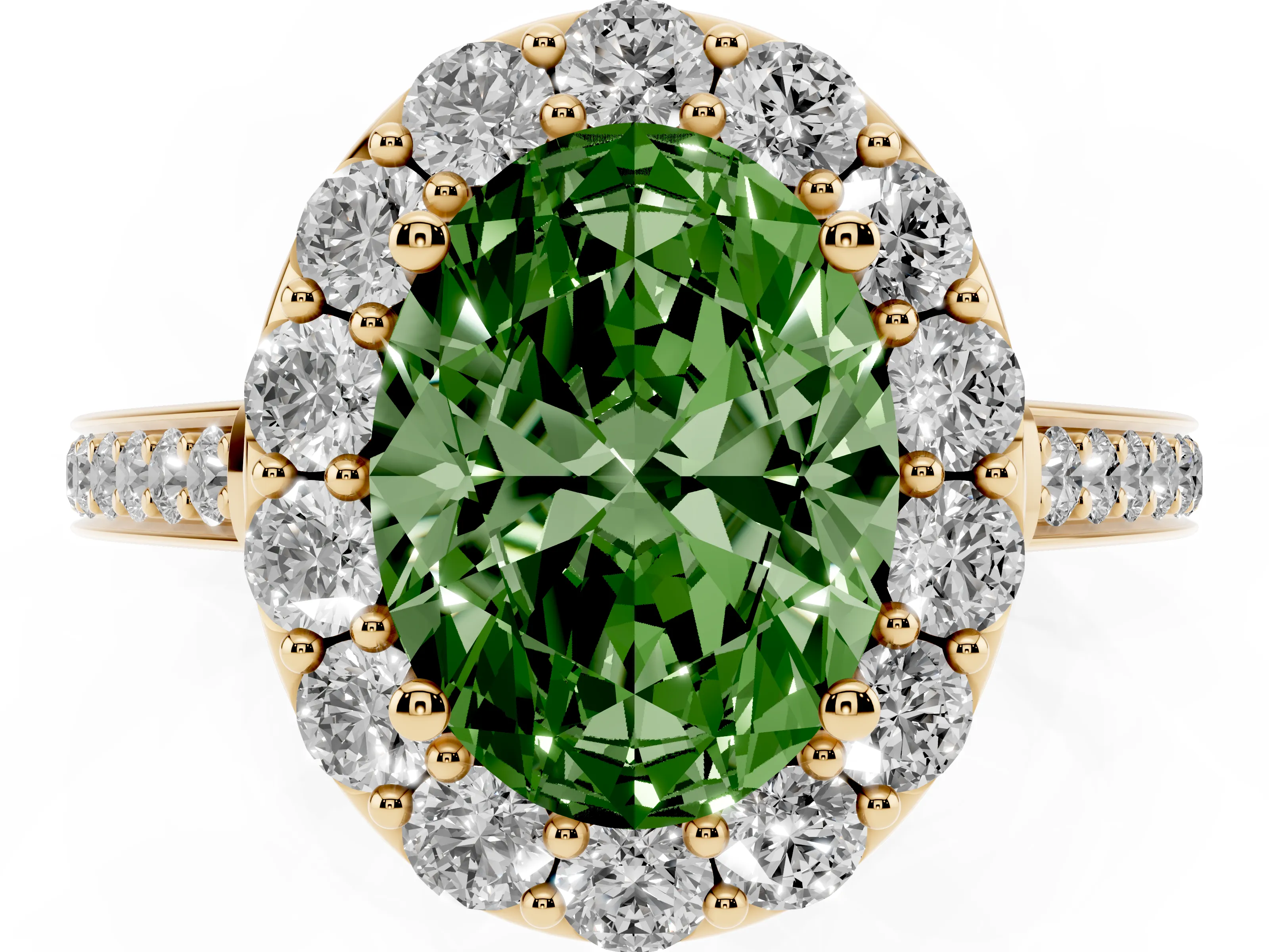 Fancy Green Oval Cut Diamond Floral Halo Ring Set in Yellow gold with Pavé Band and Prong Setting