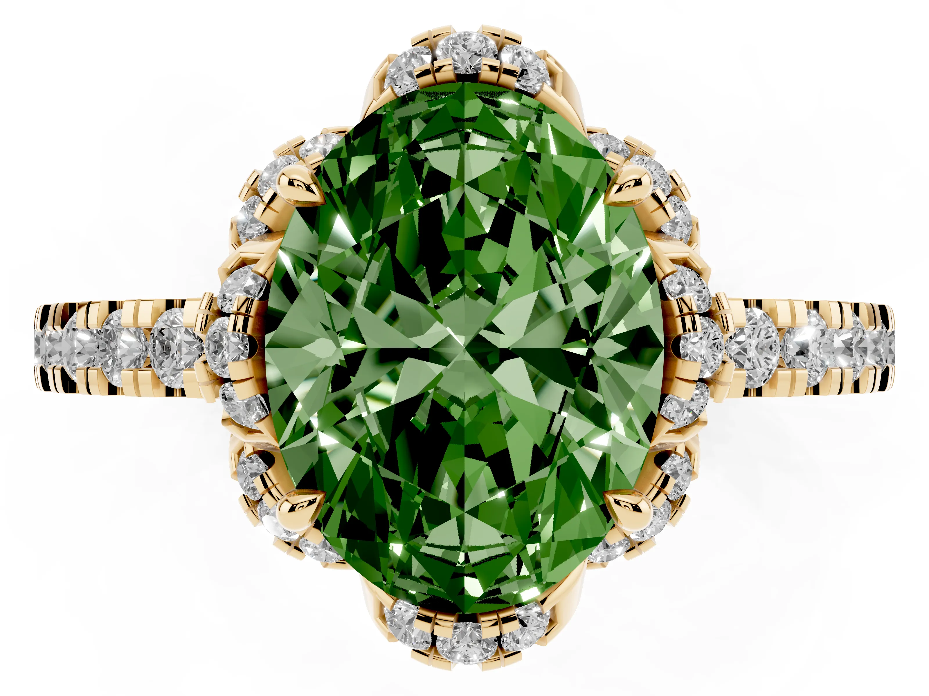 Fancy Green Oval Cut Diamond Halo Pavé Band Ring Set in Yellow gold with Prong-Held Center