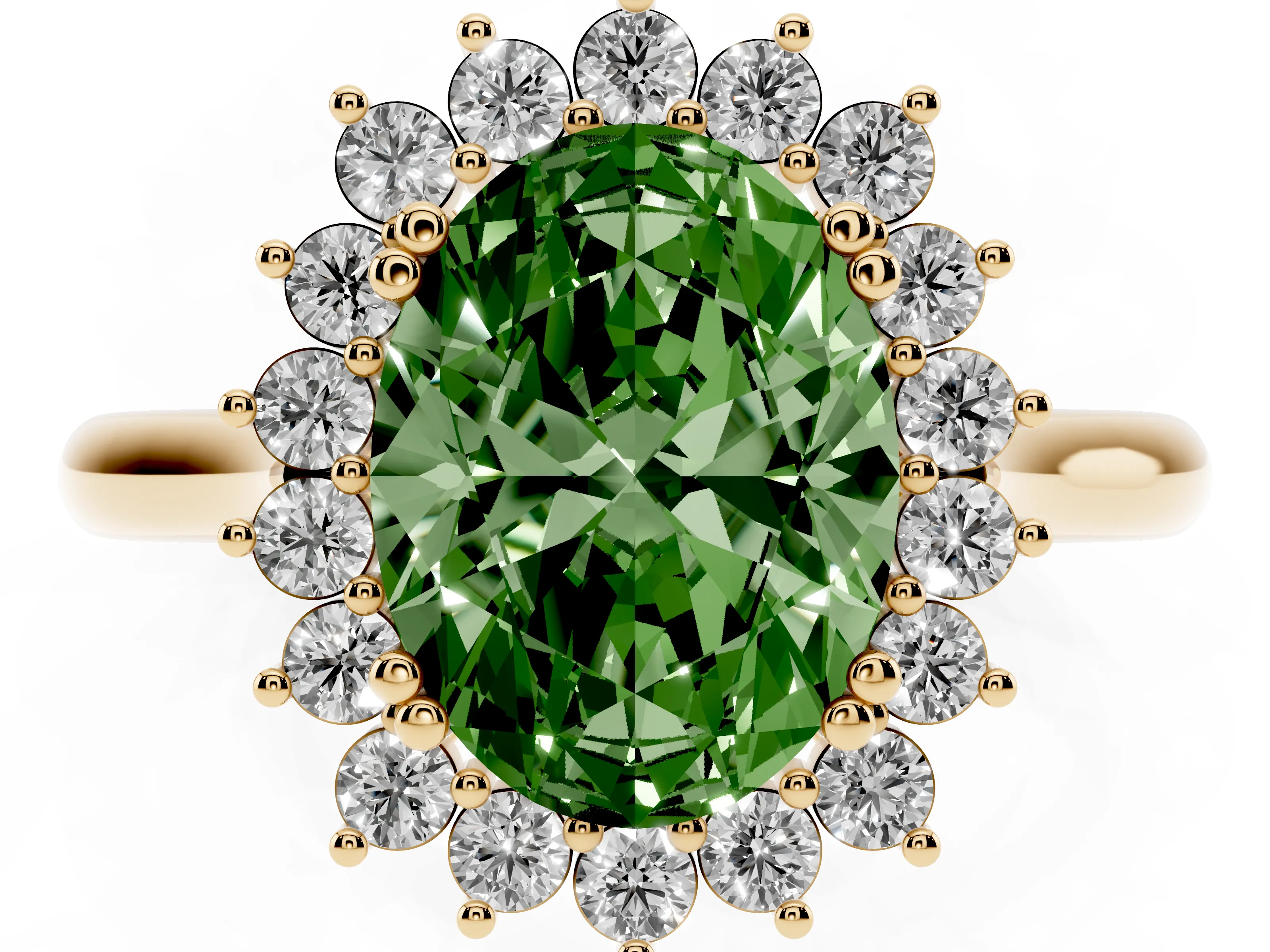 Fancy Green Oval Cut Diamond Halo Ring Set in Yellow gold with Plain Solitaire Band and Prong Setting
