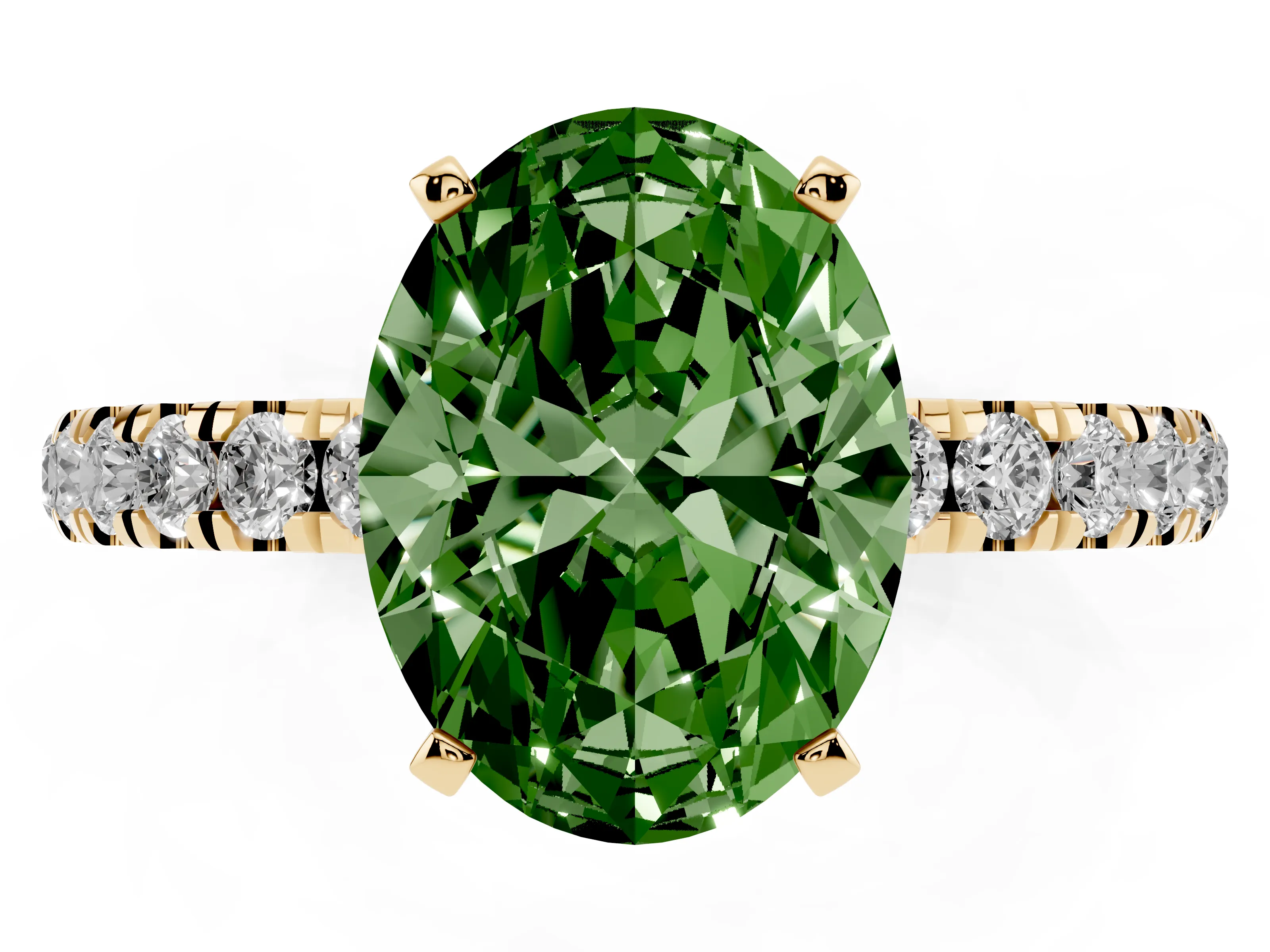 Fancy Green Oval Cut Diamond Solitaire Ring Set in Yellow gold with Pavé Accents and Prong Setting