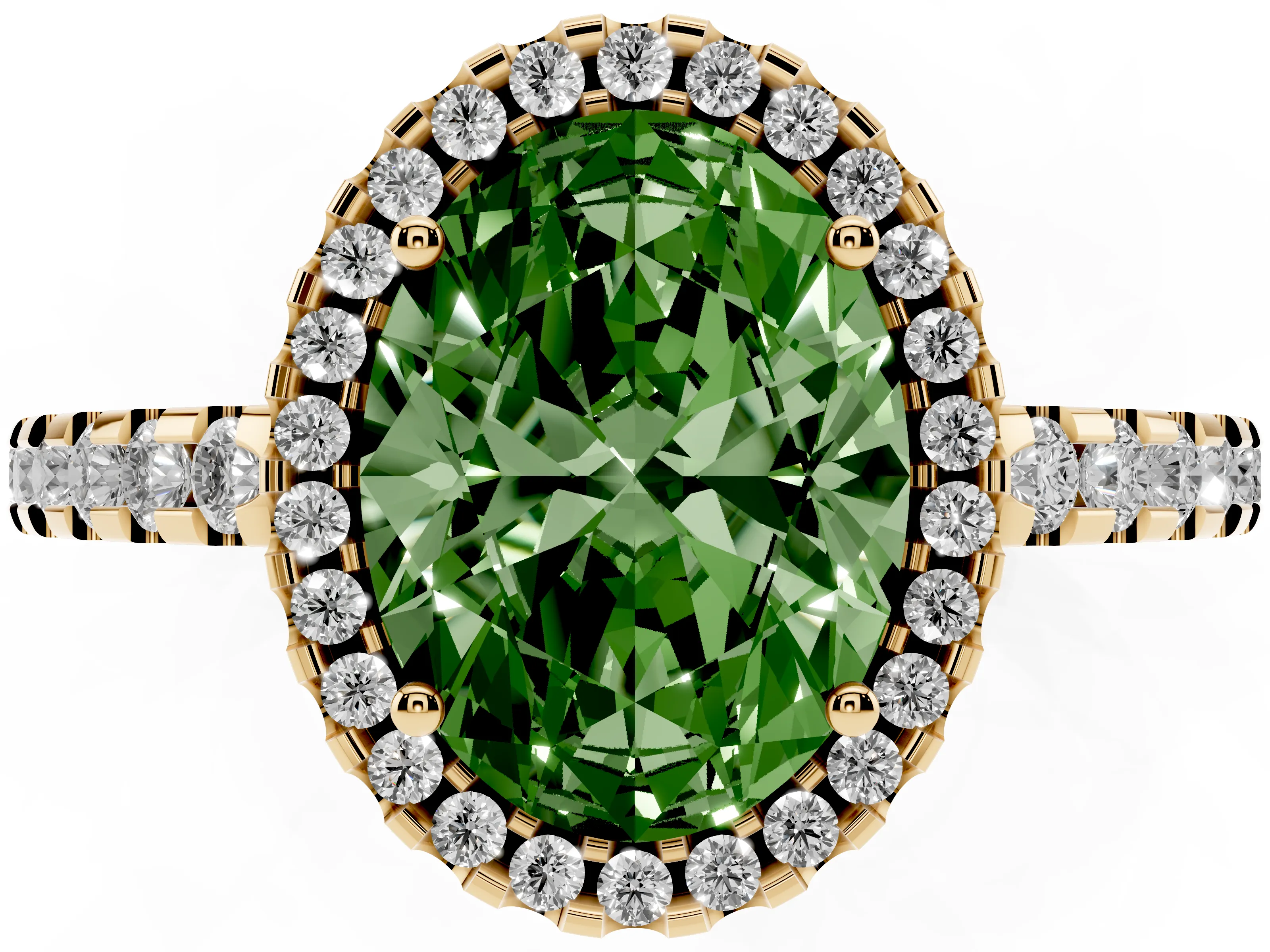 Fancy Green Oval Cut Diamond Halo Ring Set in Yellow gold with Pavé Shoulders and Halo-Framed Center