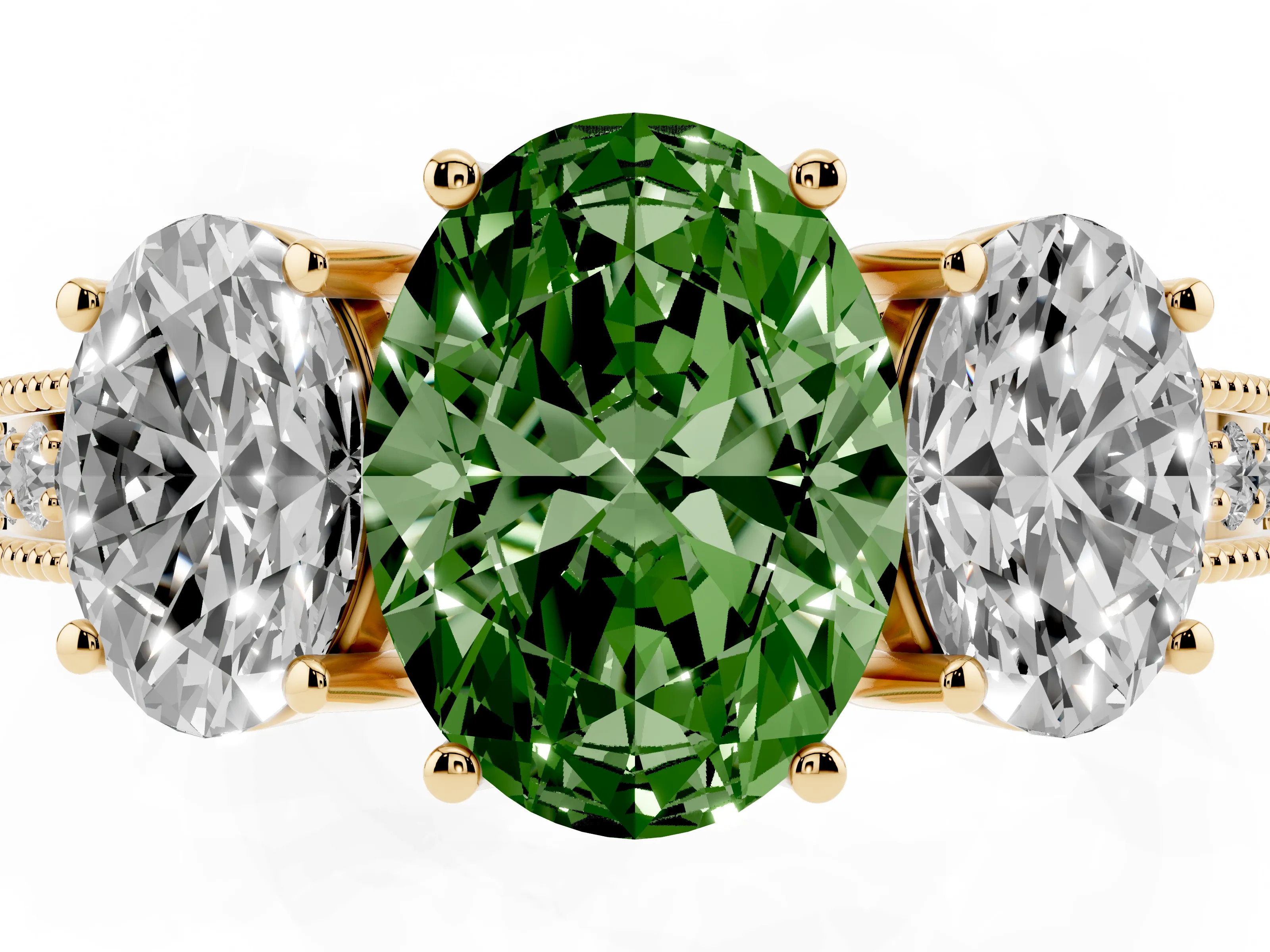 Fancy Green Oval Cut Diamond Three-Stone Engagement Ring Set in Yellow gold with Milgrain Pavé Band
