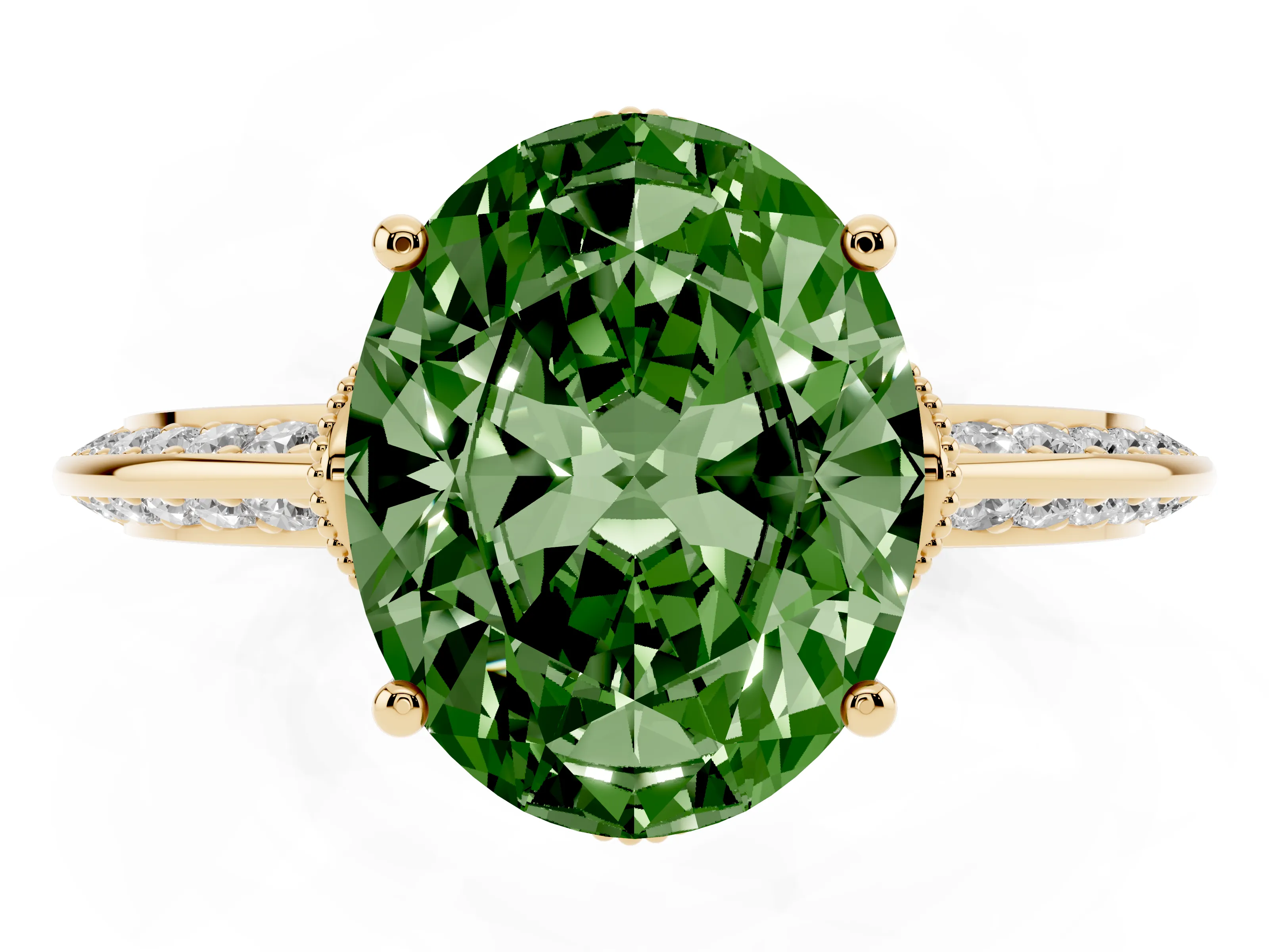 Fancy Green Oval Cut Diamond Solitaire Engagement Ring Set in Yellow gold with Pavé Split Shank and Prong Setting