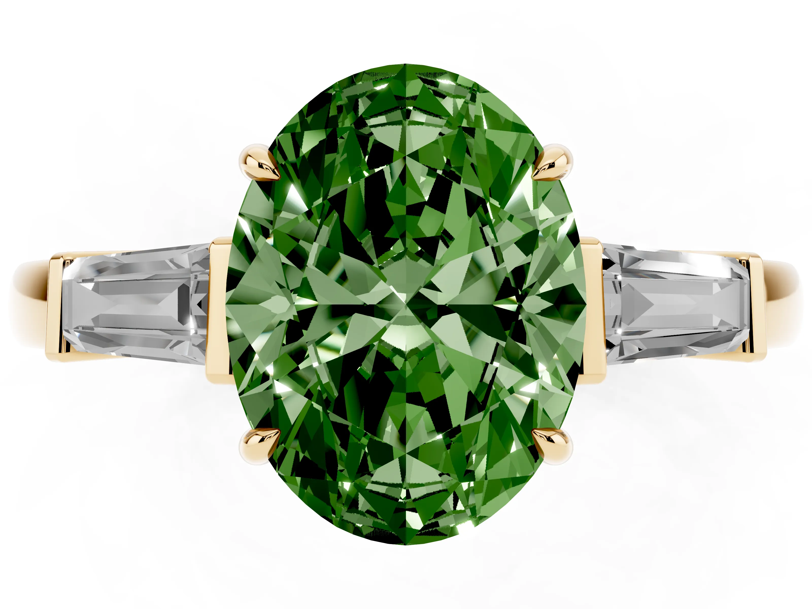 Fancy Green Oval Cut Diamond Three-Stone Ring Set in Yellow gold with Tapered Baguette Side Stones and Prong Setting
