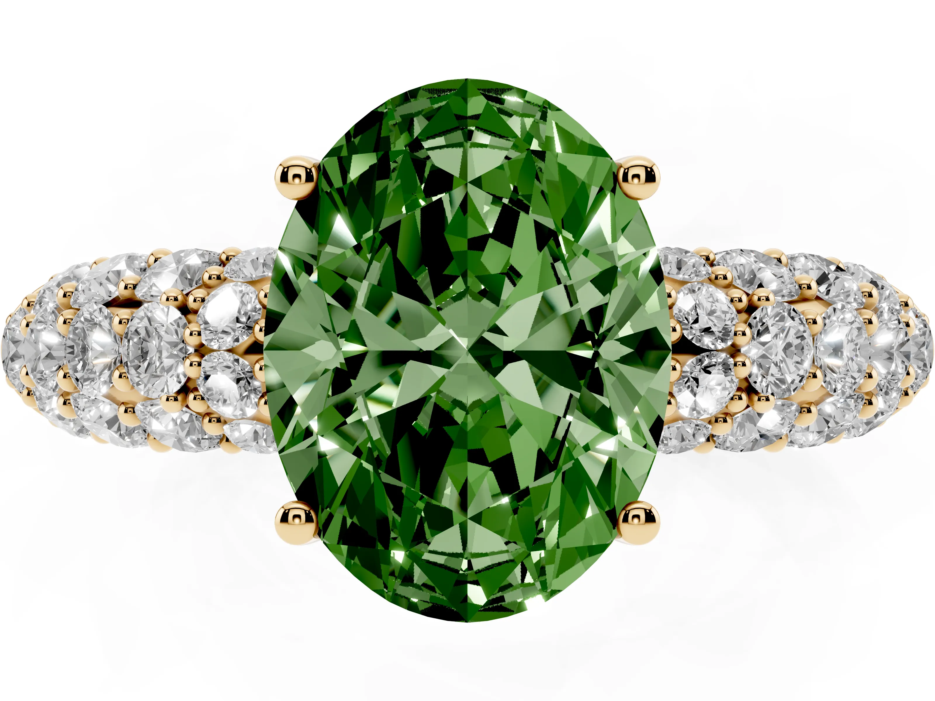 Fancy Green Oval Cut Diamond Pavé Band Solitaire Ring Set in Yellow gold with Close-Set Accent Stones and Prong Setting
