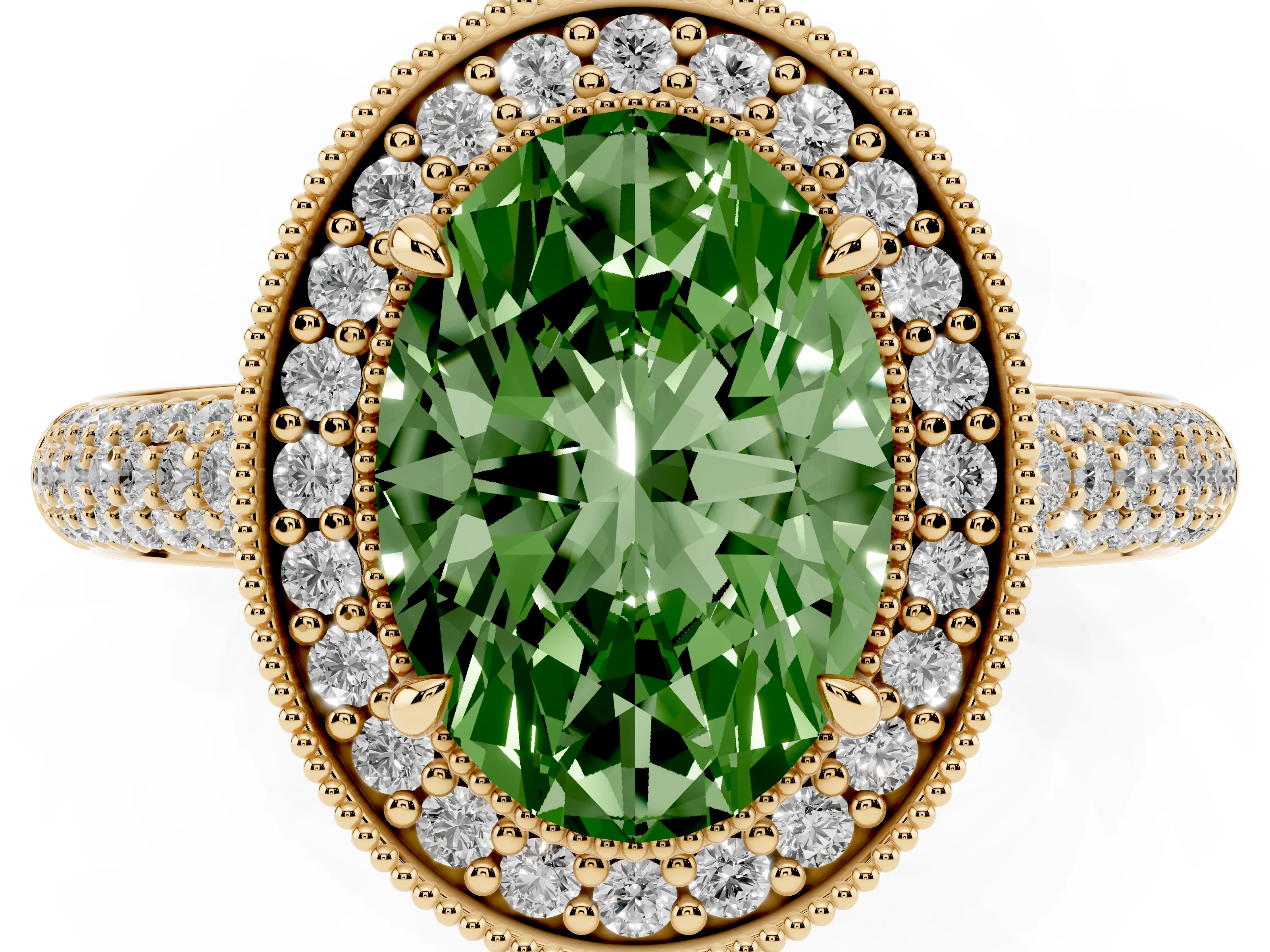 Fancy Green Oval Cut Diamond Halo Pavé Band Set in Yellow gold with Prong Setting