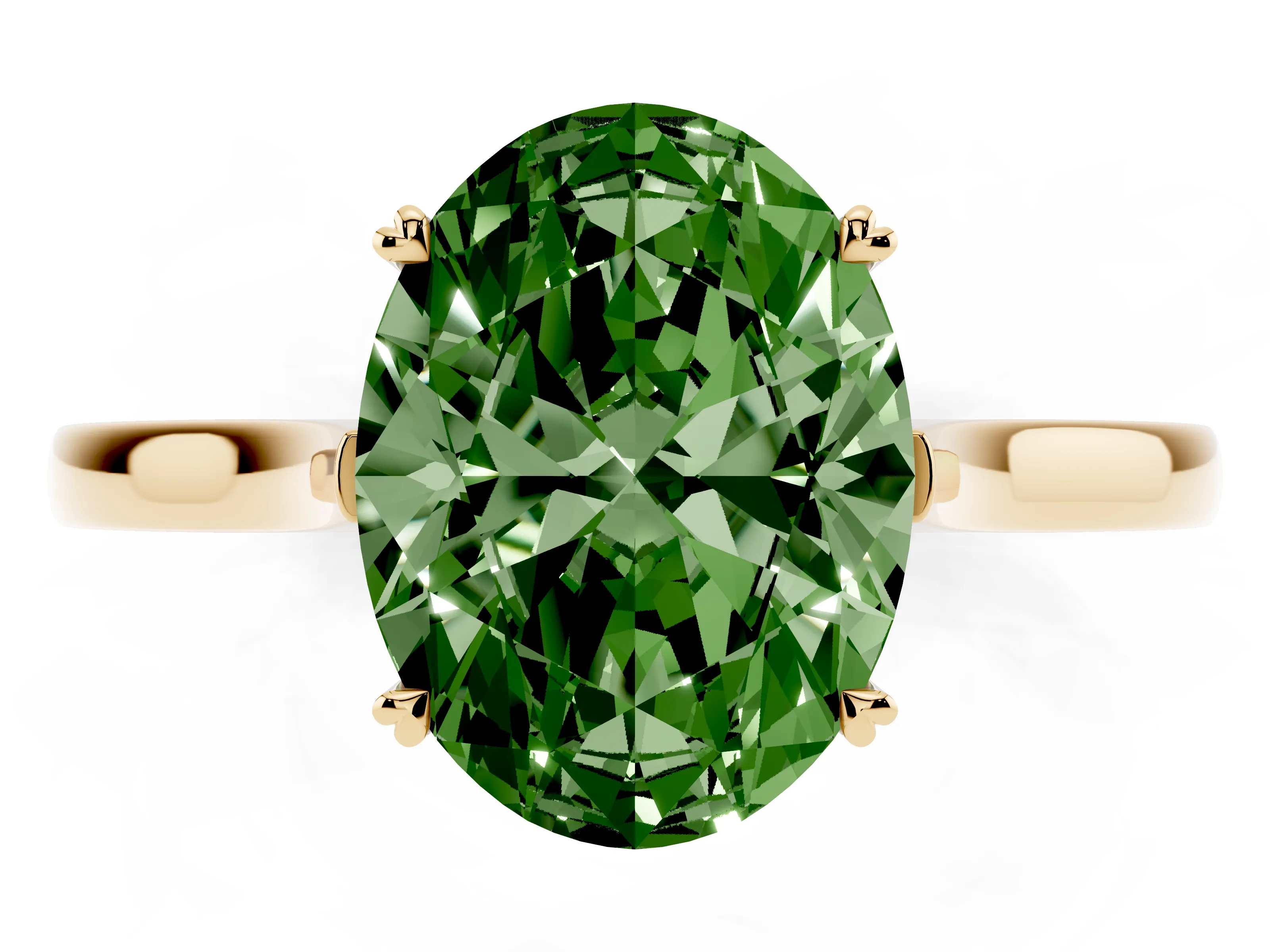 Fancy Green Oval Cut Diamond Solitaire Heart Prong Engagement Ring Set in Yellow gold with Tapered Band