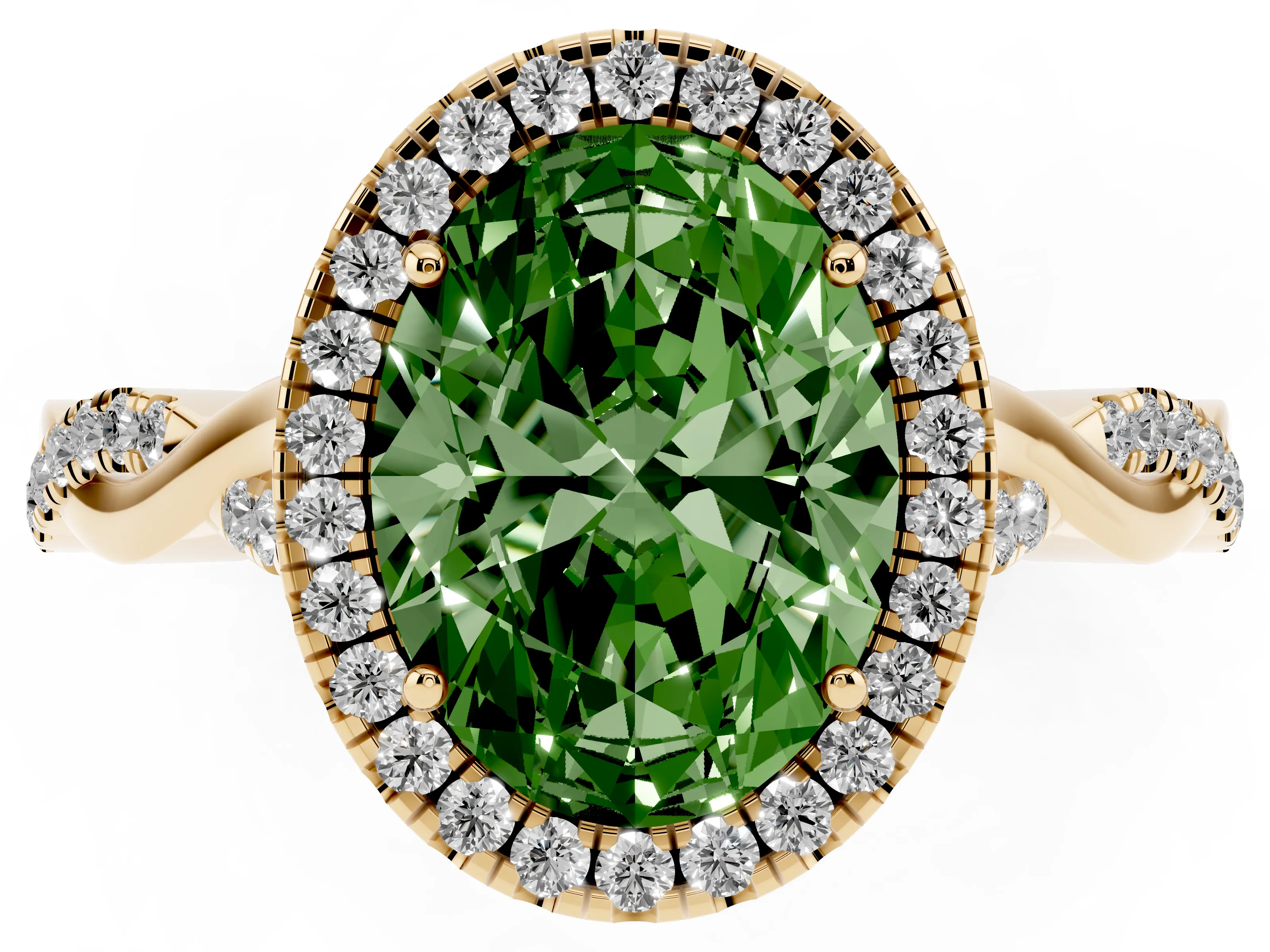 Fancy Green Oval Cut Diamond Halo Twist Band Solitaire Ring Set in Yellow gold with Prong Setting