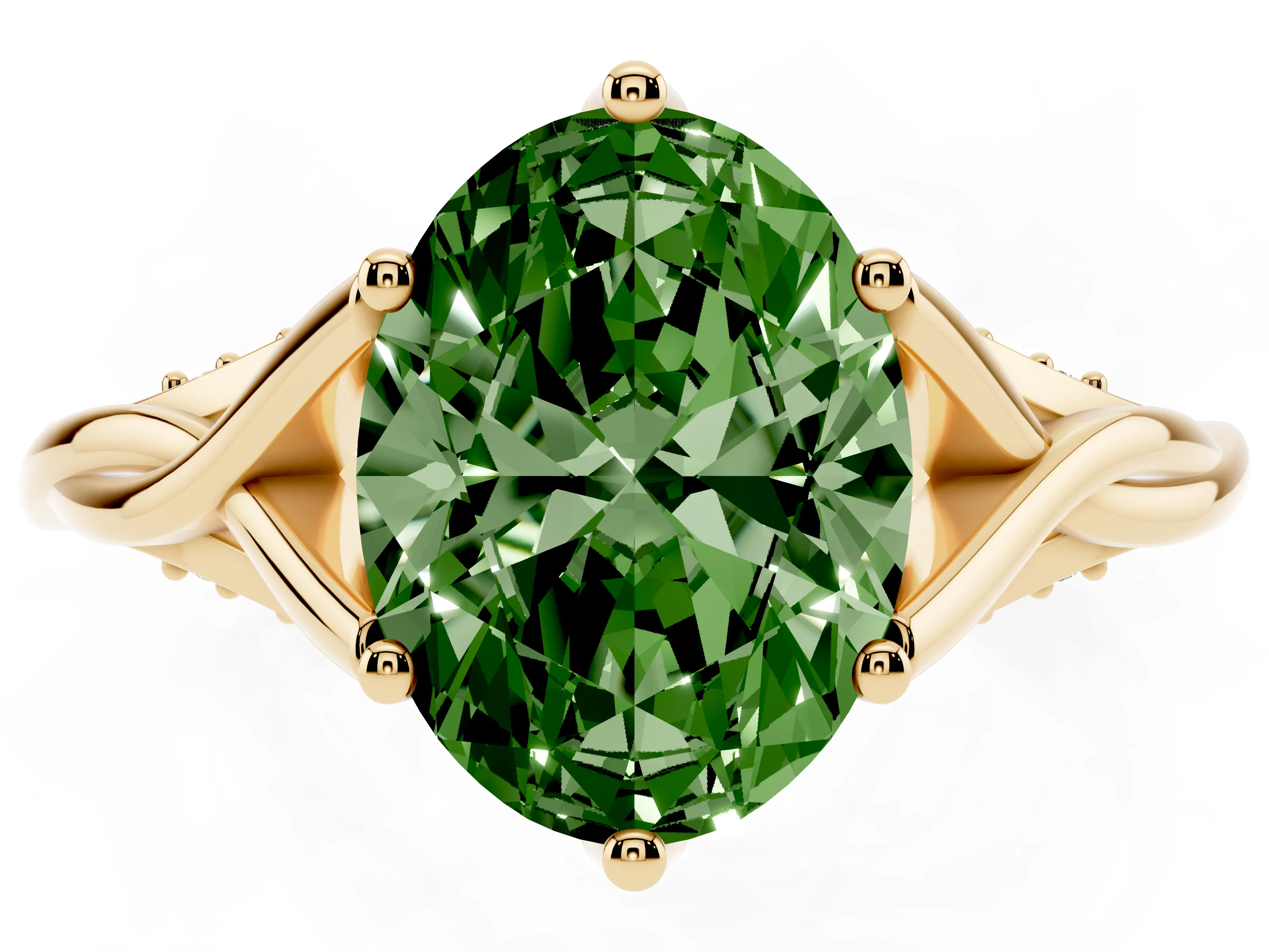 Fancy Green Oval Cut Diamond Intertwined Twist Band Solitaire Ring Set in Yellow gold with Prong Setting
