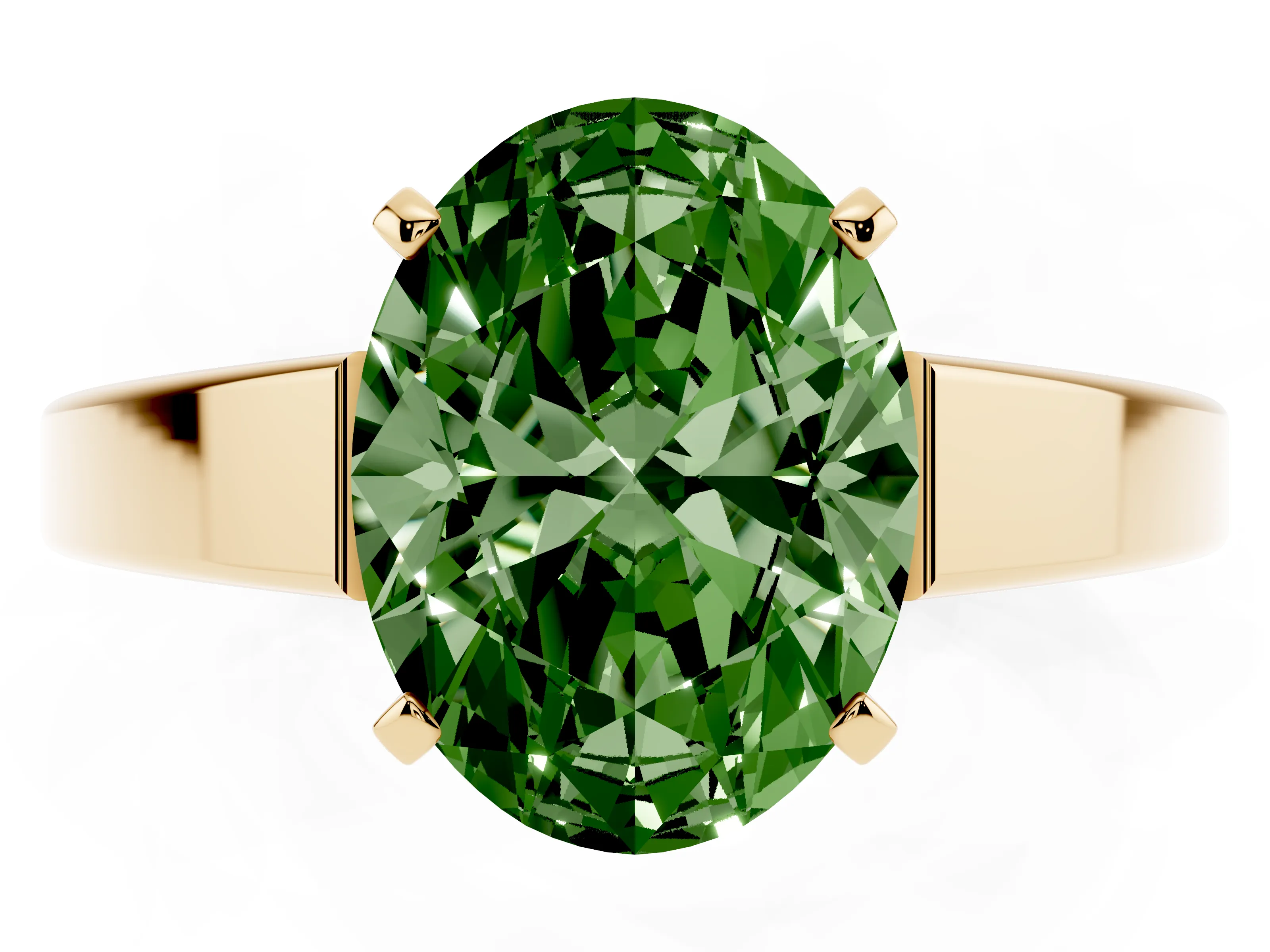 Fancy Green Oval Cut Diamond Solitaire Engagement Ring Set in Yellow gold with Prong Setting and Tapered Band