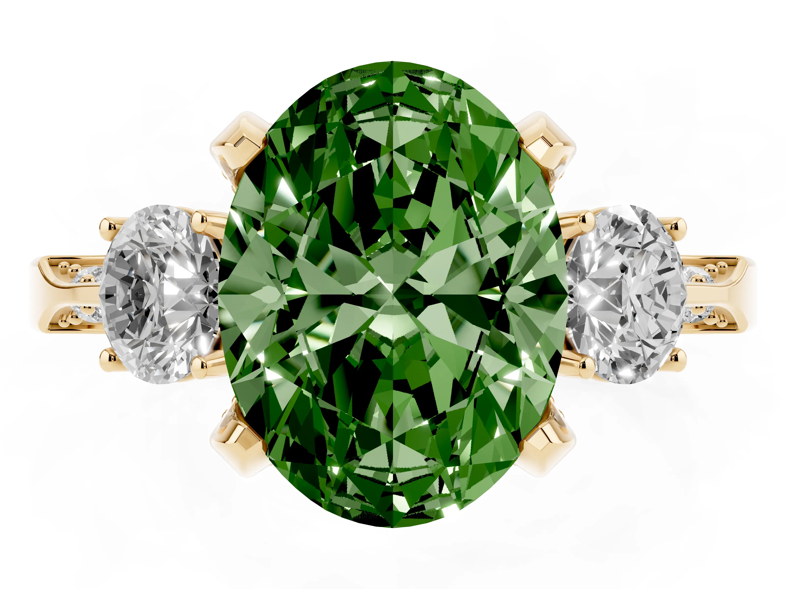 Fancy Green Oval Cut Diamond Three-Stone Ring Set in Yellow gold with Pavé Band and Smaller Side Stones