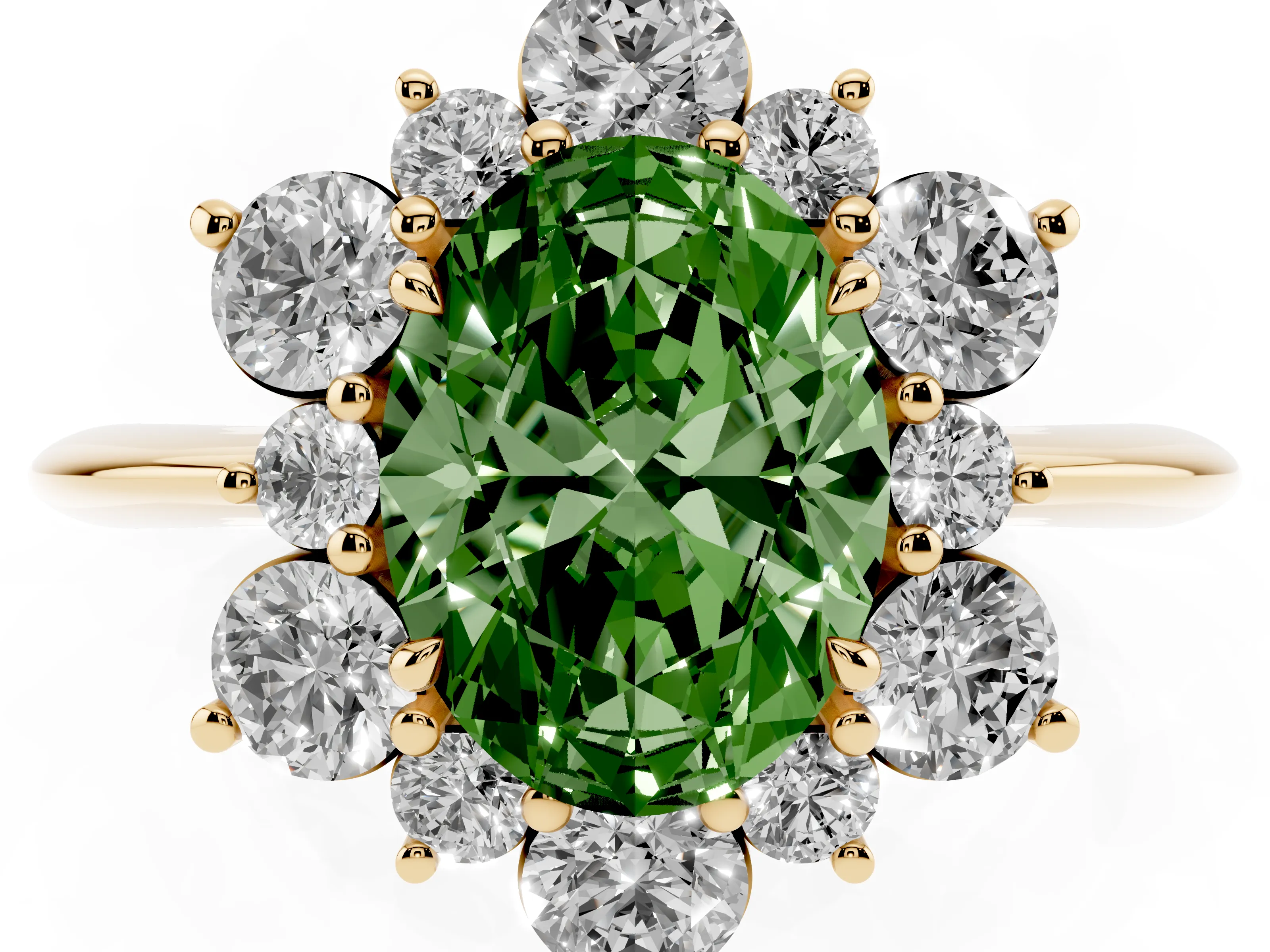 Fancy Green Oval Cut Diamond Cluster Halo Ring Set in Yellow gold with Solitaire Band and Prong Setting