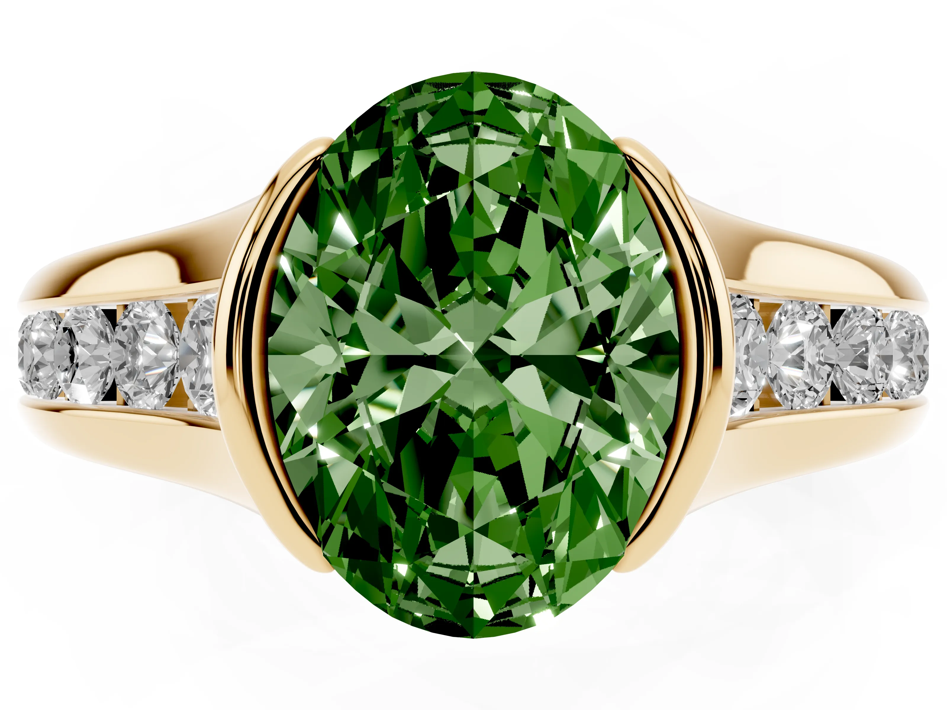 Fancy Green Oval Cut Diamond Bezel-Set Solitaire Ring Set in Yellow gold with Channel-Set Band