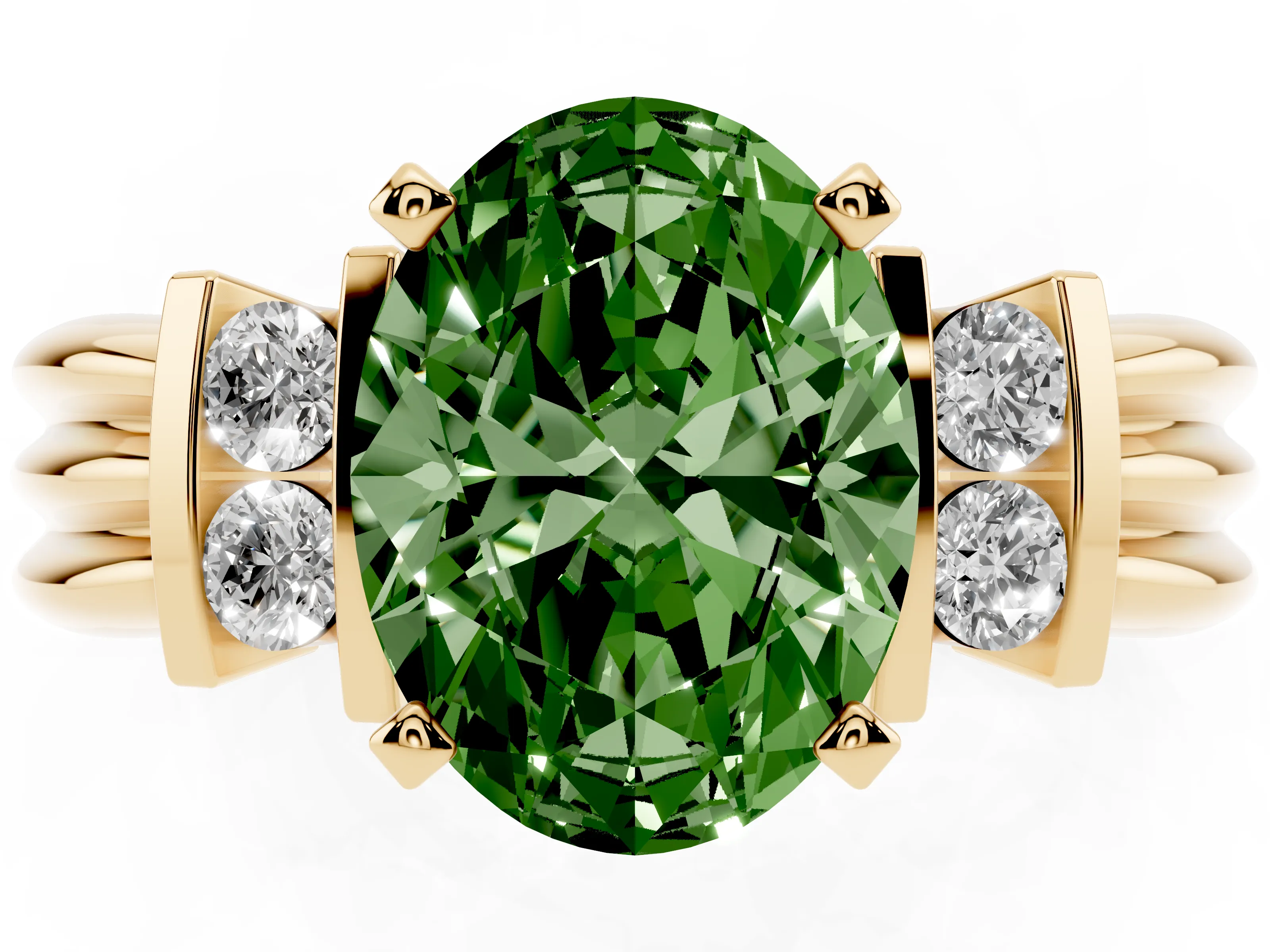 Fancy Green Three-Stone Oval Cut Diamond Channel Set Ring Set in Yellow gold with Bar Prongs