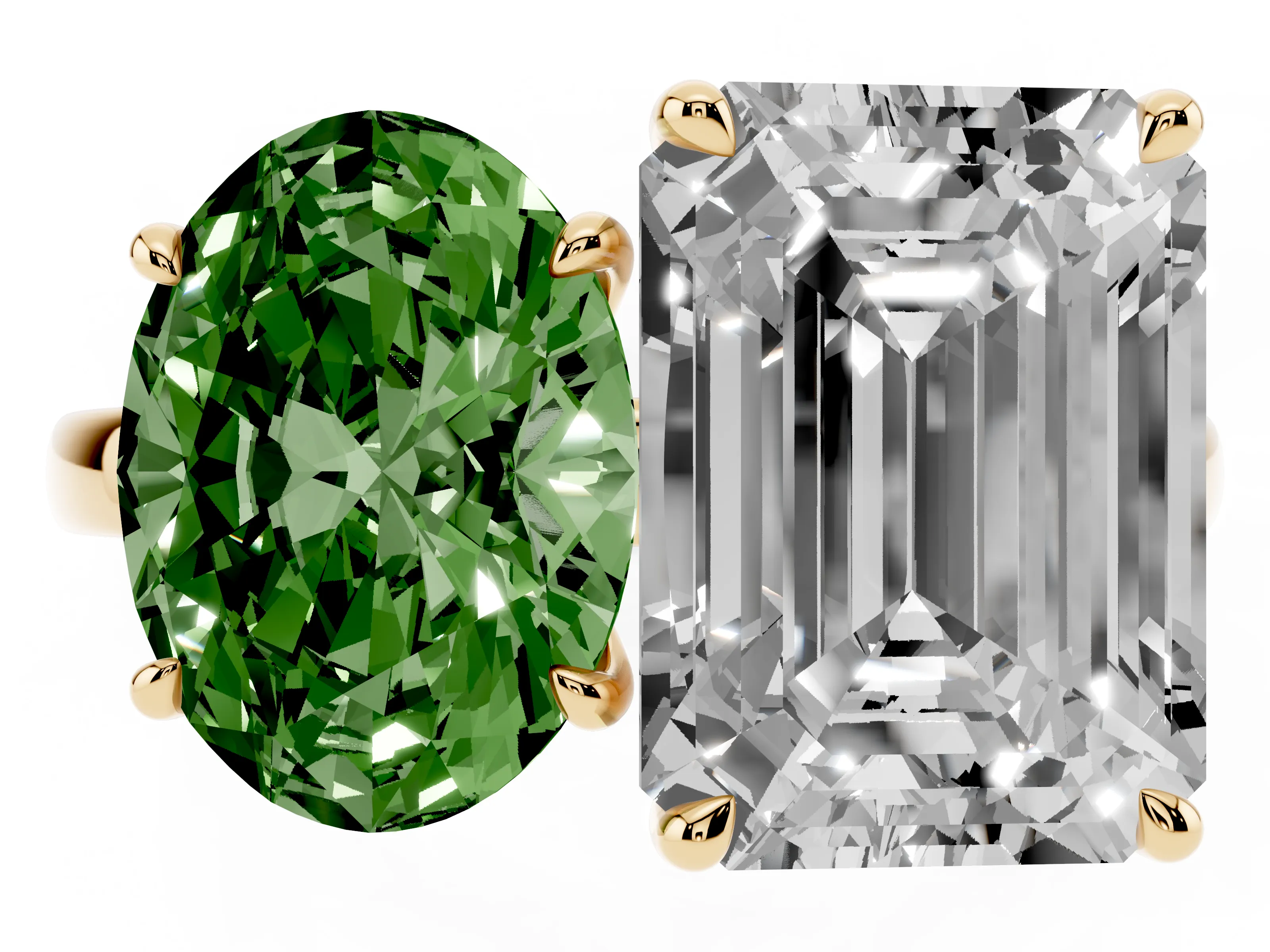 Fancy Green Oval Cut and Emerald Cut Toi Moi Ring Set in Yellow gold with Prong Setting