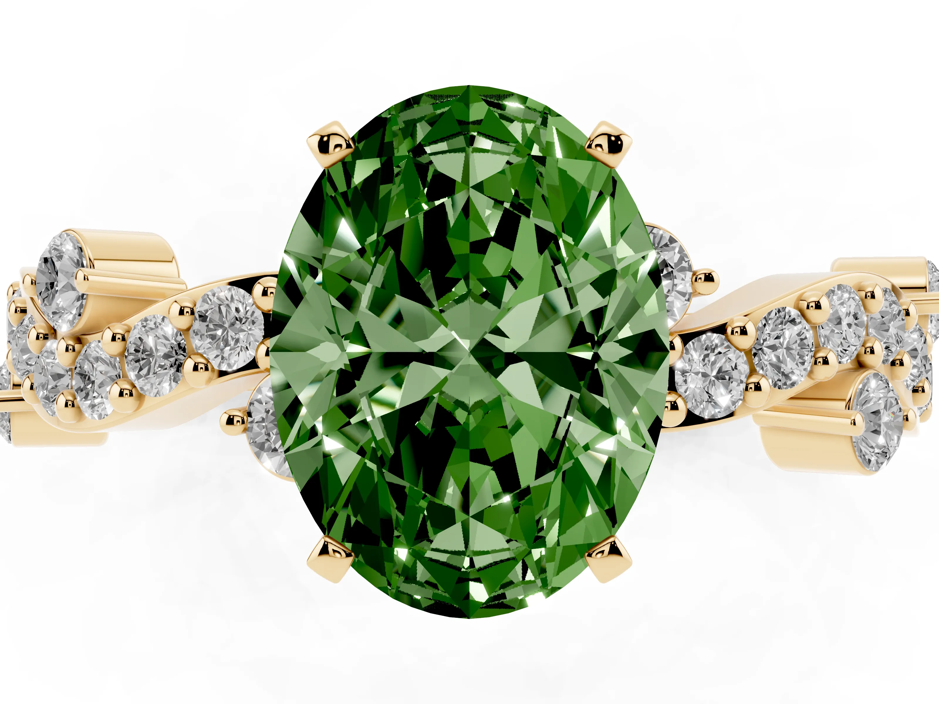 Fancy Green Oval Cut Diamond Solitaire Twisted Band Set in Yellow gold with Pavé Setting