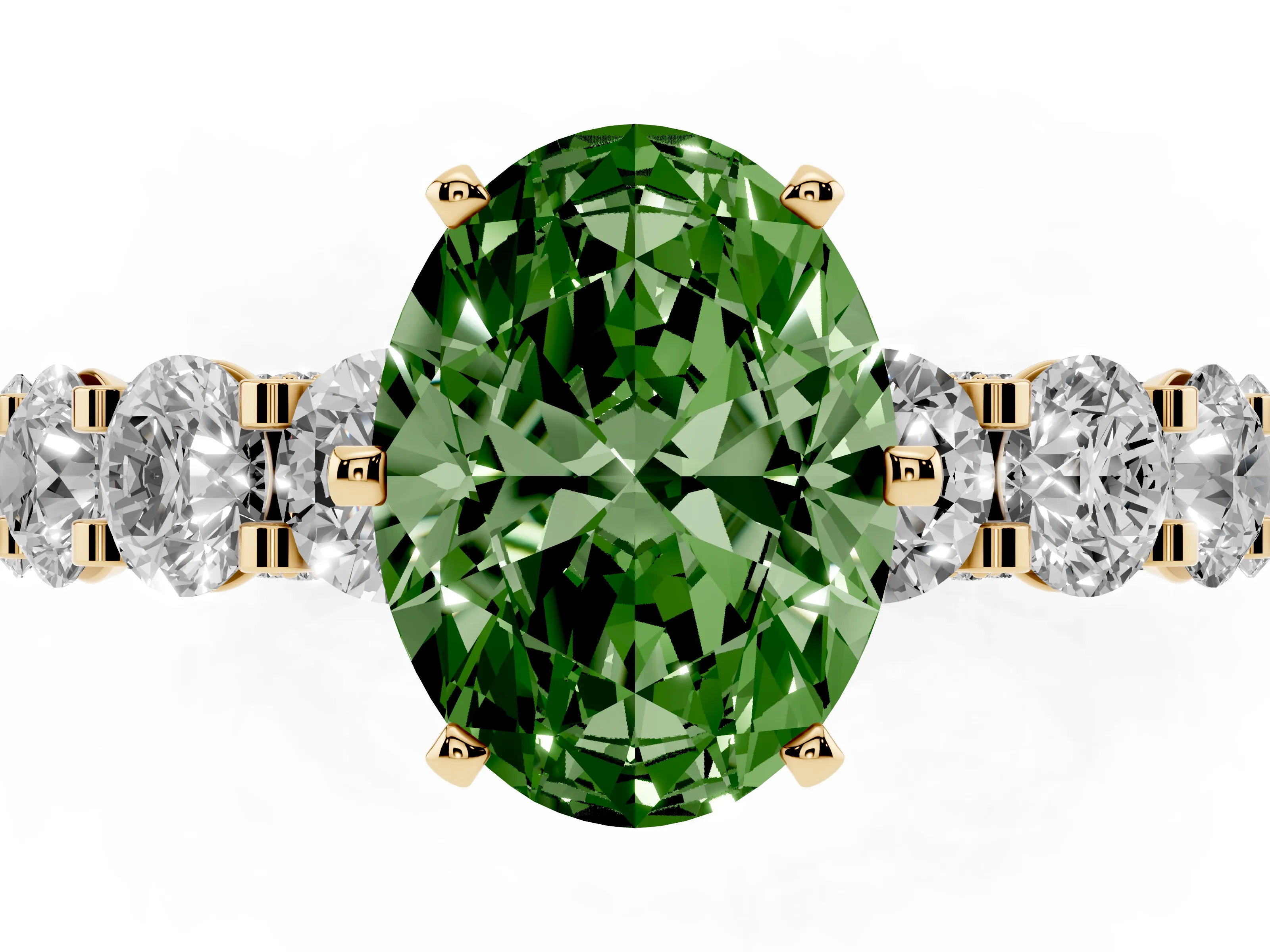 Fancy Green Oval Cut Diamond Side Stone Ring Set in Yellow gold with Alternating Round and Oval Side Stones
