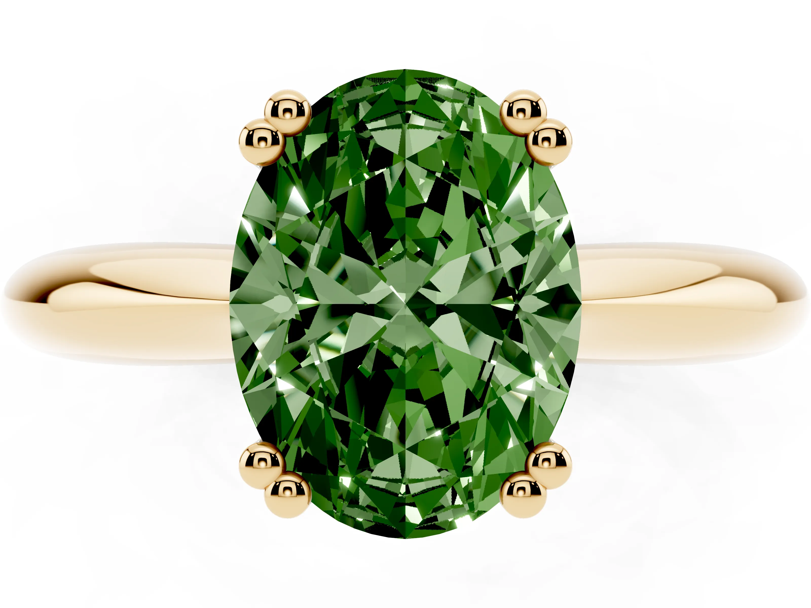 Fancy Green Oval Cut Diamond Solitaire Engagement Ring Set in Yellow gold with Tapered Band and Prong Setting