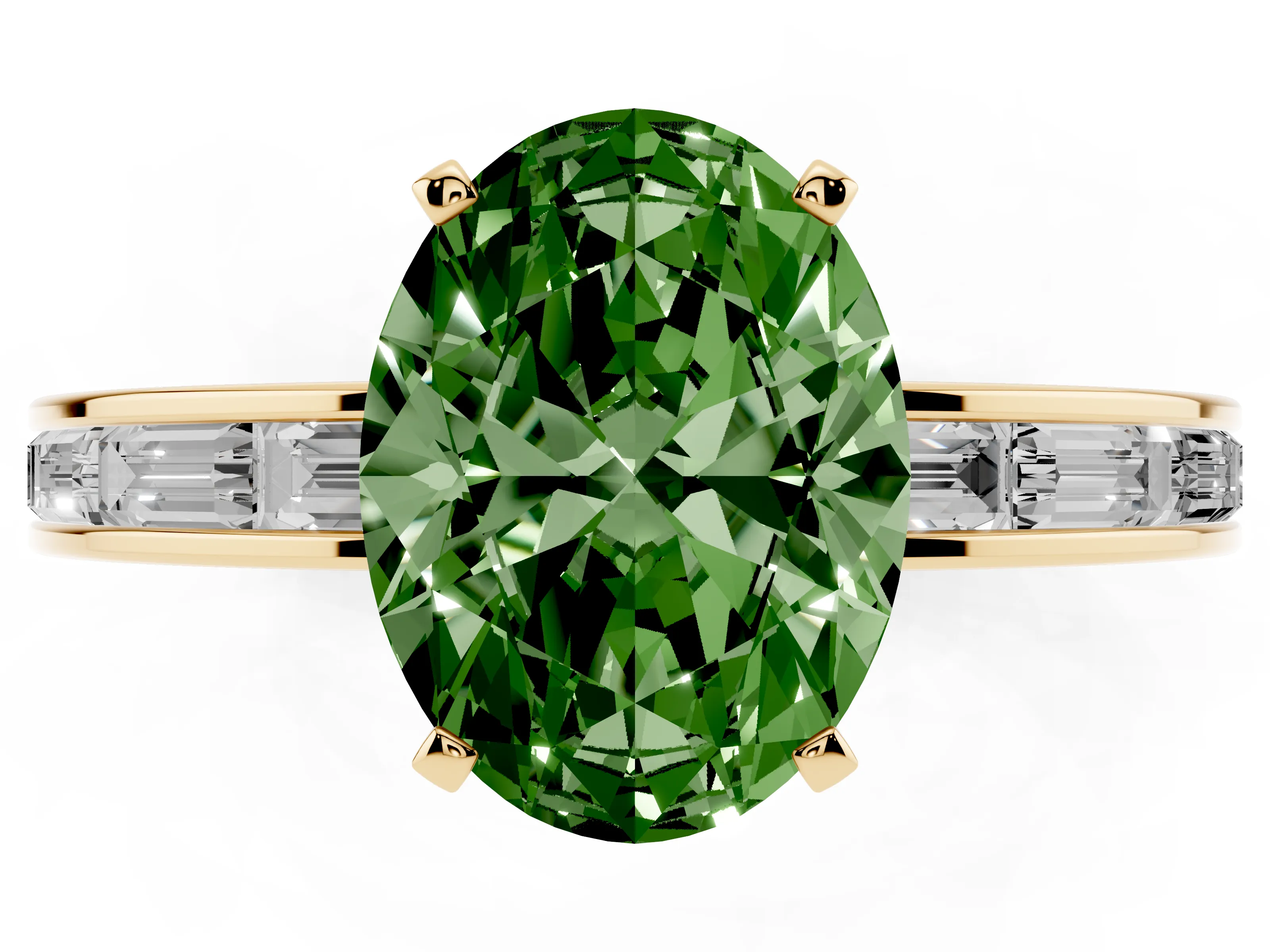 Fancy Green Oval Cut Diamond Solitaire Ring Set in Yellow gold with Channel-Set Baguette Band and Prong Setting