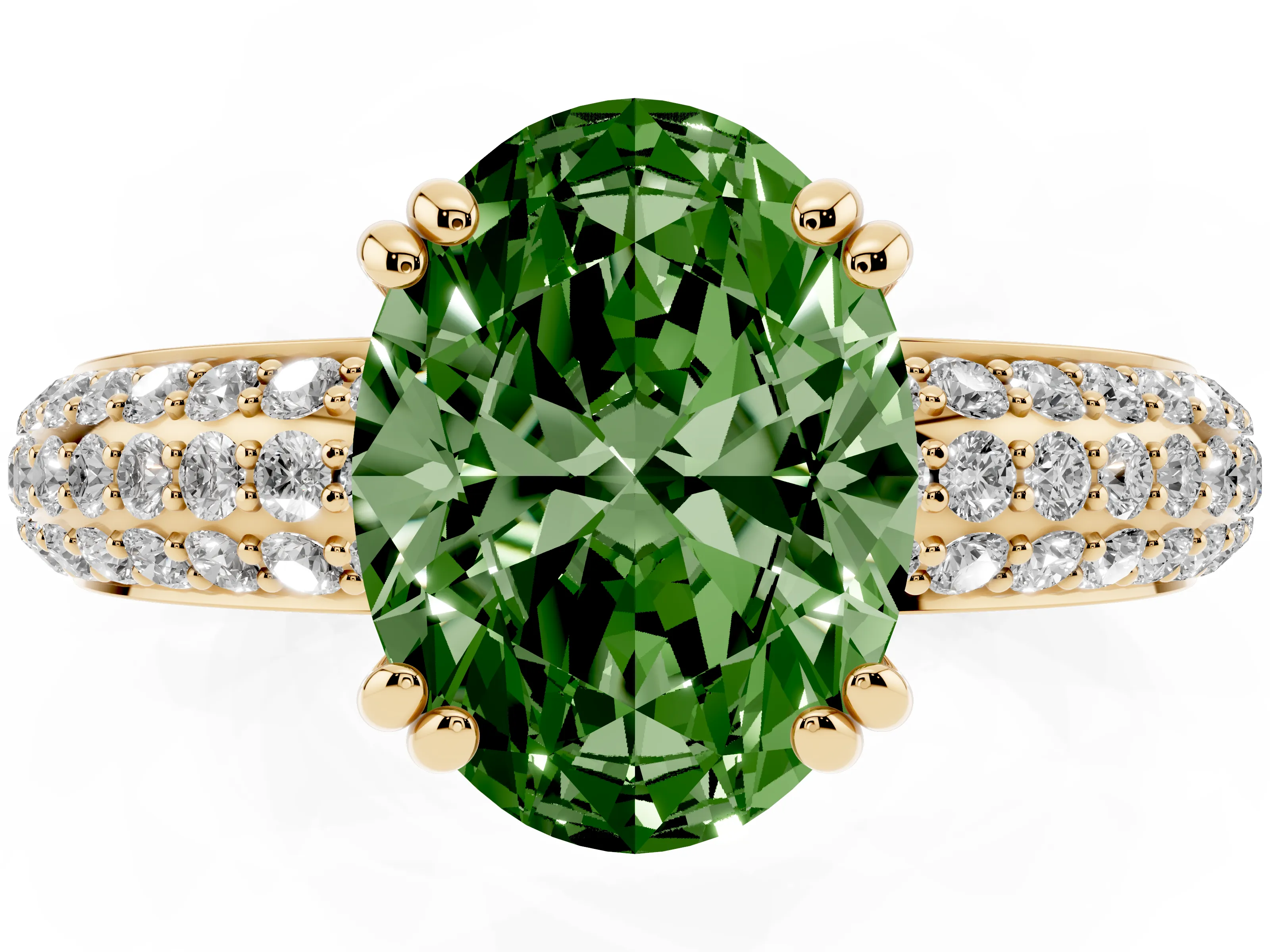 Fancy Green Oval Cut Diamond Solitaire Ring Set in Yellow gold with Multi-Row Round Pavé Band and Prong Setting