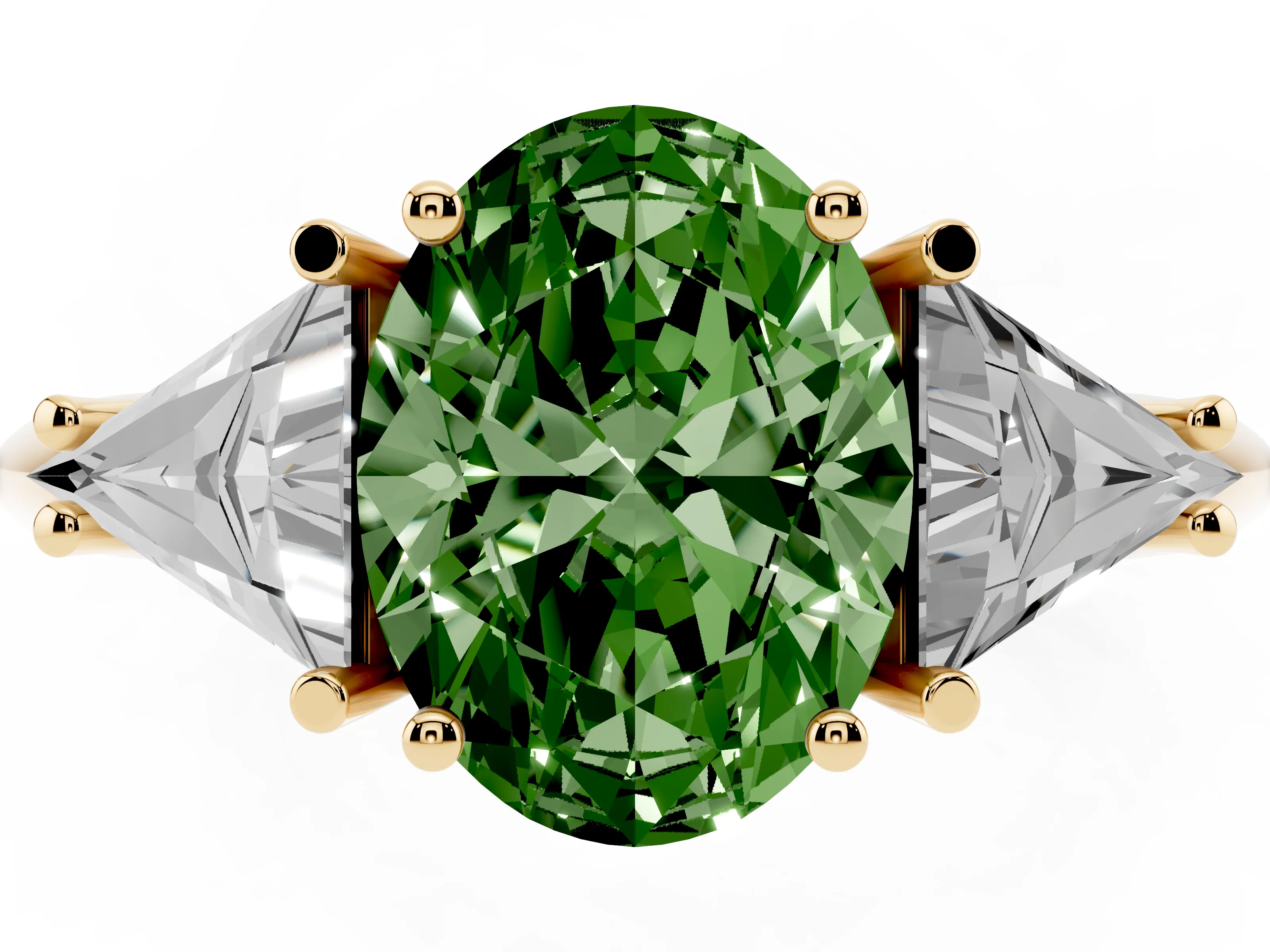 Fancy Green Oval Cut Diamond Three-Stone Engagement Ring Set in Yellow gold with Trillion Side Stones