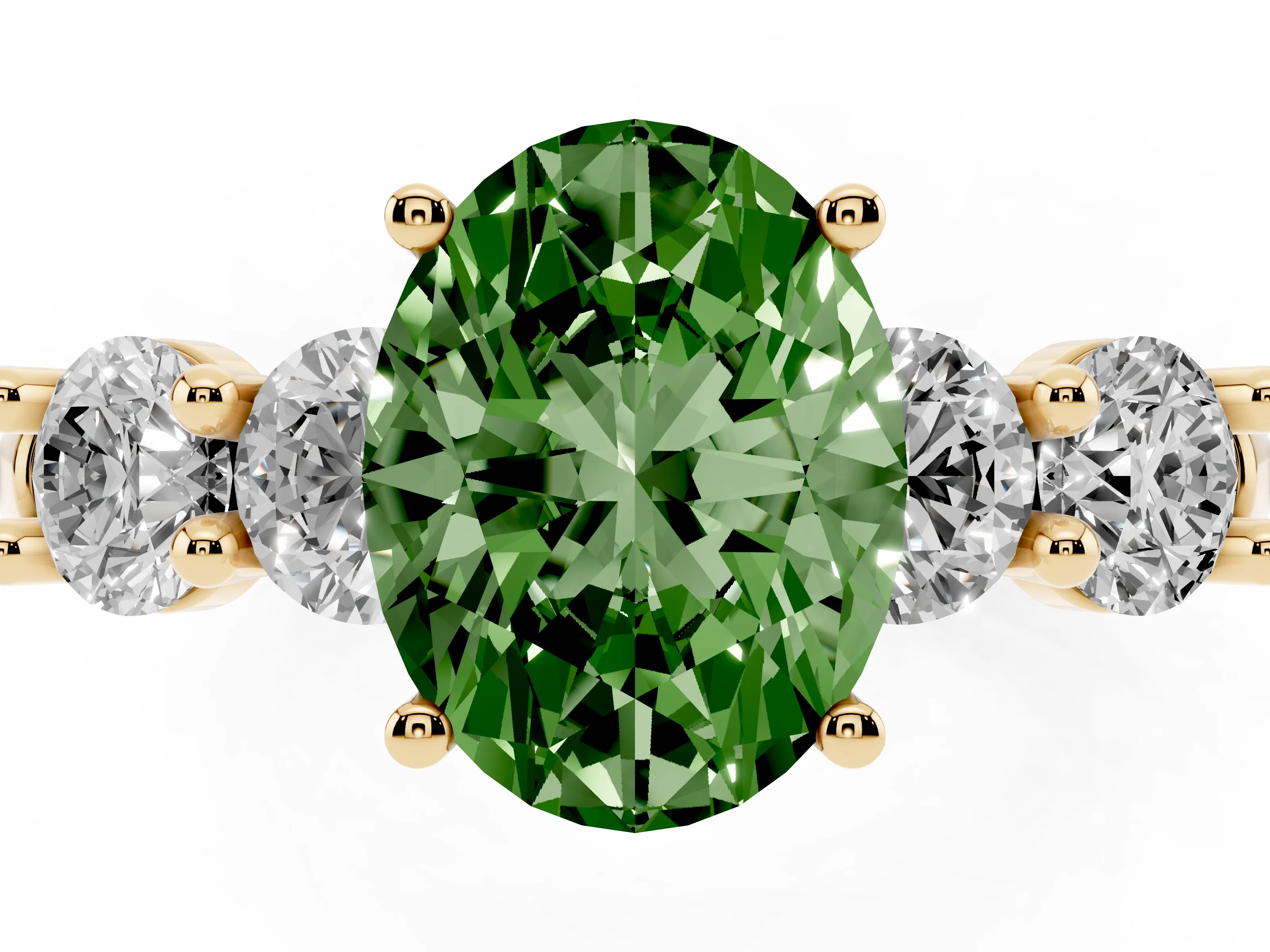 Fancy Green Oval Cut Diamond Five-Stone Prong Set Ring Set in Yellow gold with Classic Band