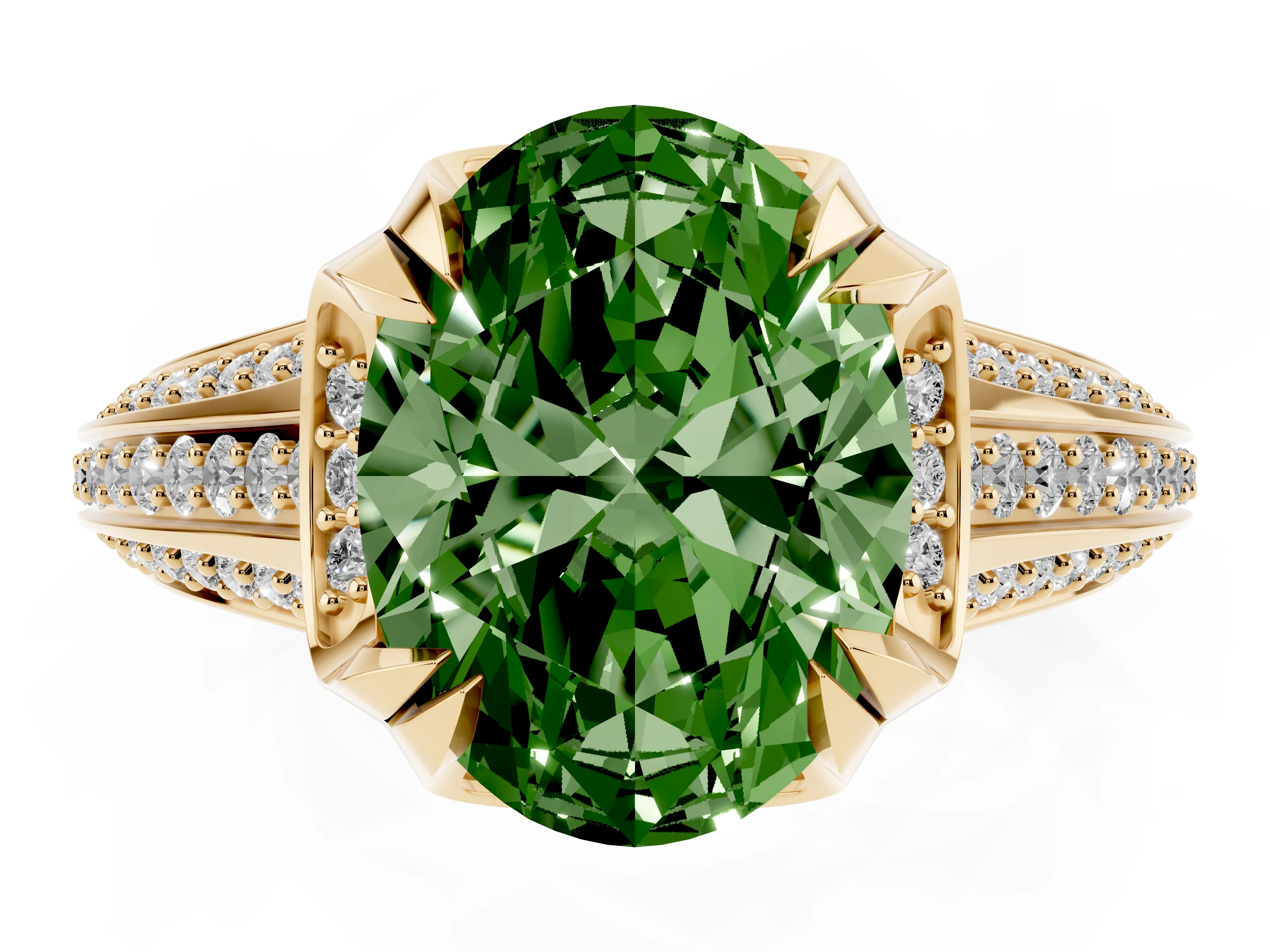Fancy Green Oval Cut Diamond Pavé Split Shank Solitaire Ring Set in Yellow gold with Prong Setting