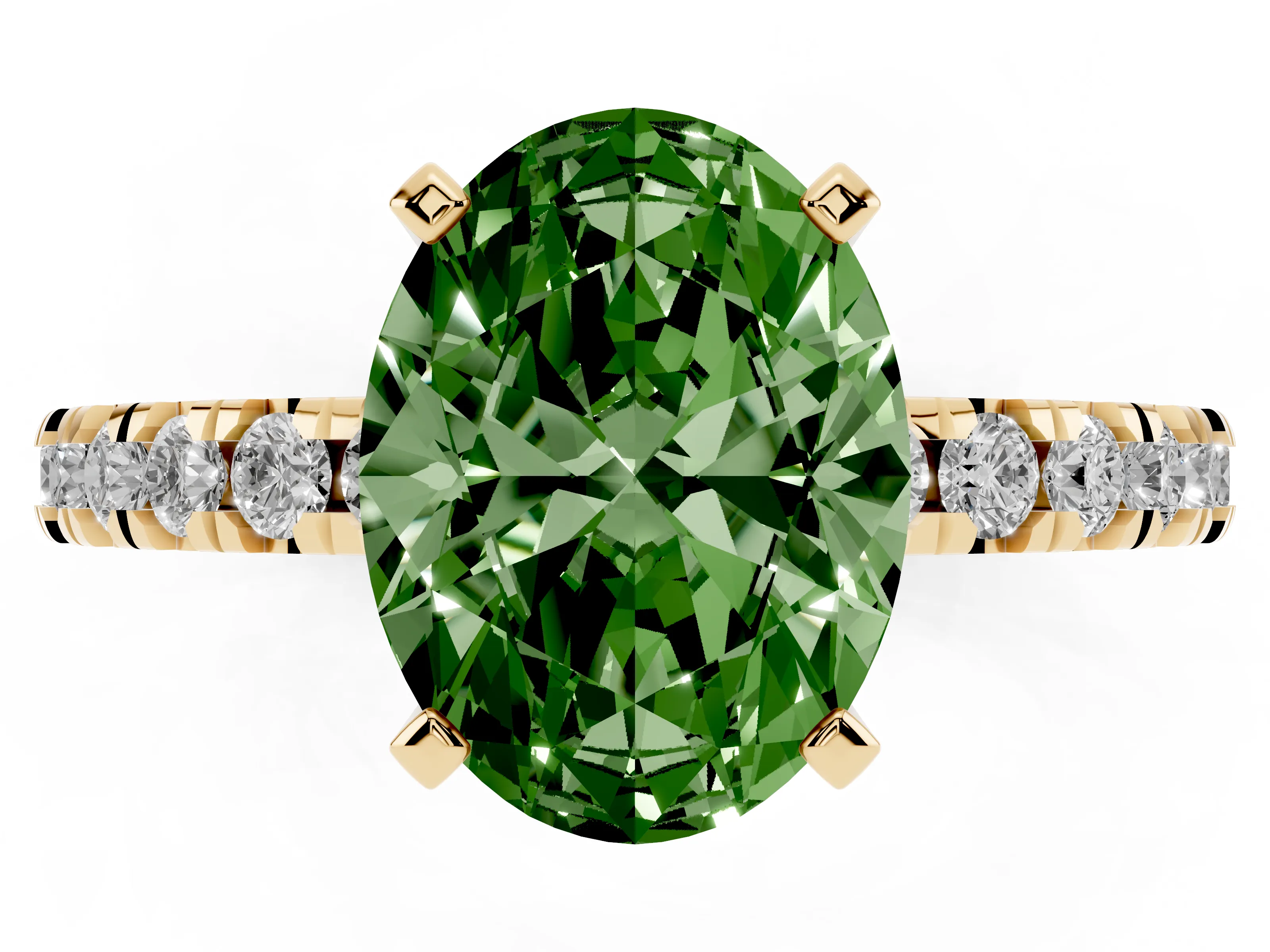 Fancy Green Oval Cut Diamond Pavé Band Solitaire Set in Yellow gold with Prong Setting