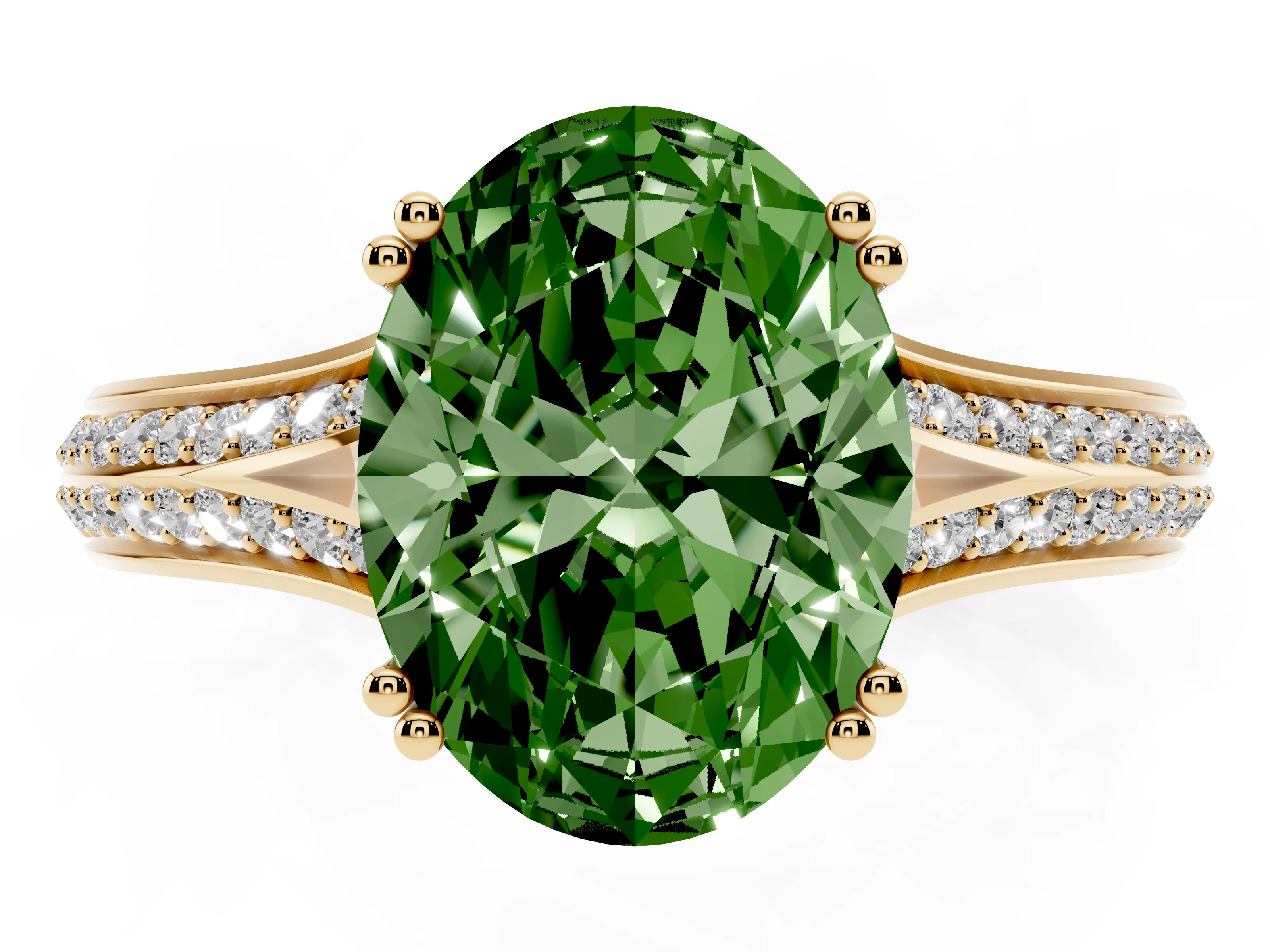 Fancy Green Oval Cut Diamond Split Shank Pavé Engagement Ring Set in Yellow gold with Prong-Set Center Stone