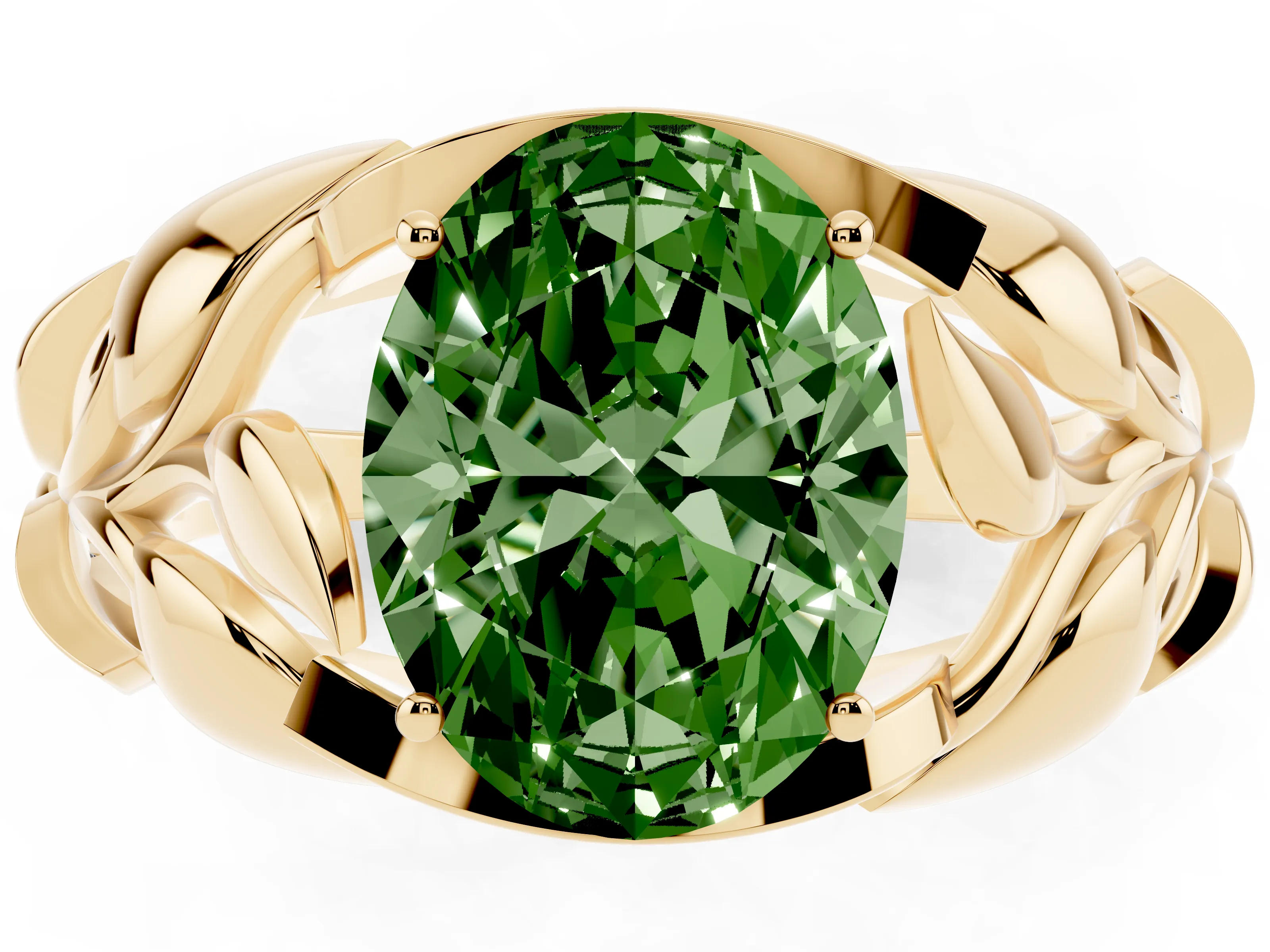 Fancy Green Oval Cut Diamond Leaf-Inspired Engagement Ring Set in Yellow gold with Round Accents