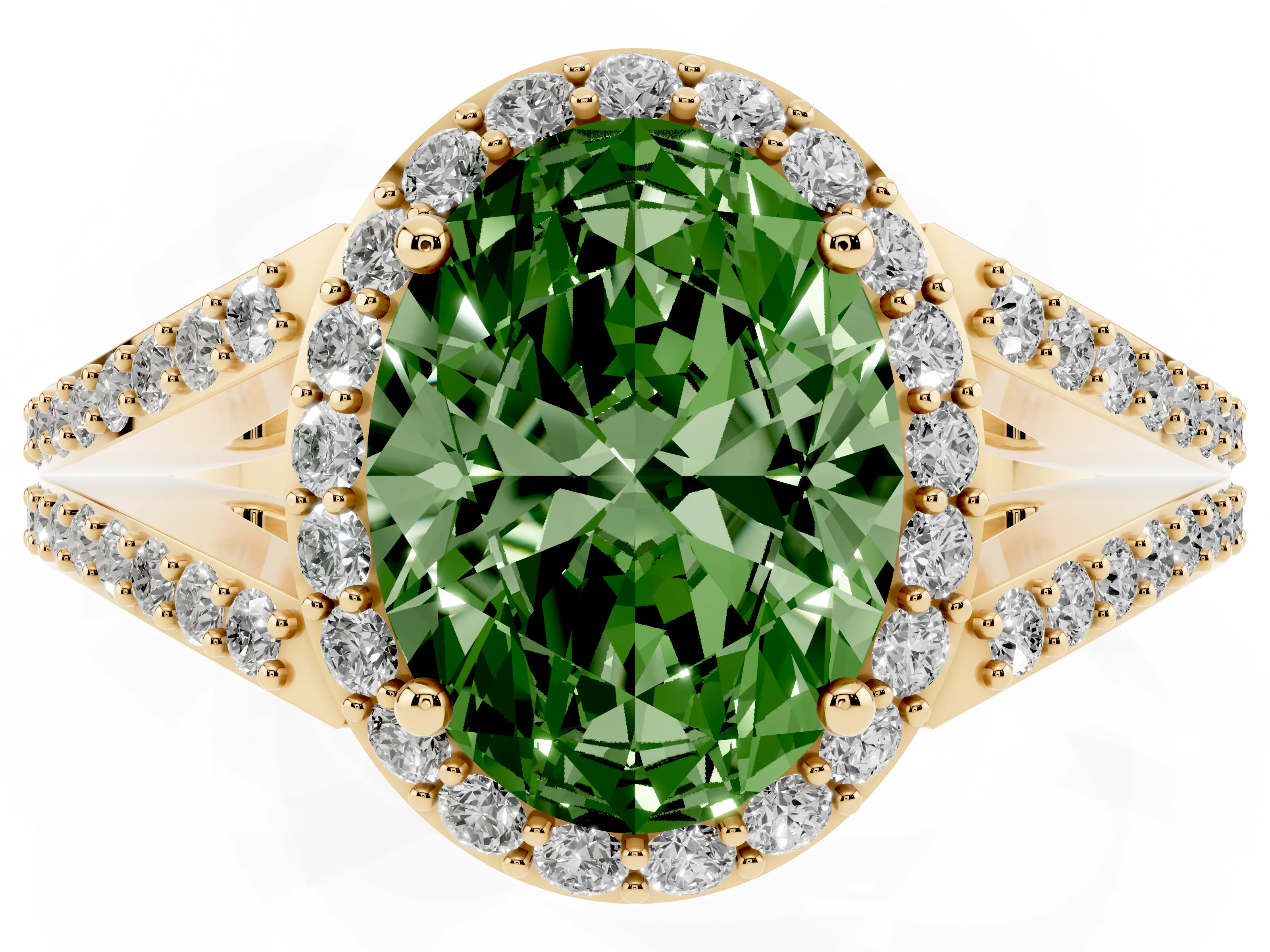 Fancy Green Oval Cut Diamond Halo Split Shank Ring Set in Yellow gold with Accent Stones and Prong Setting