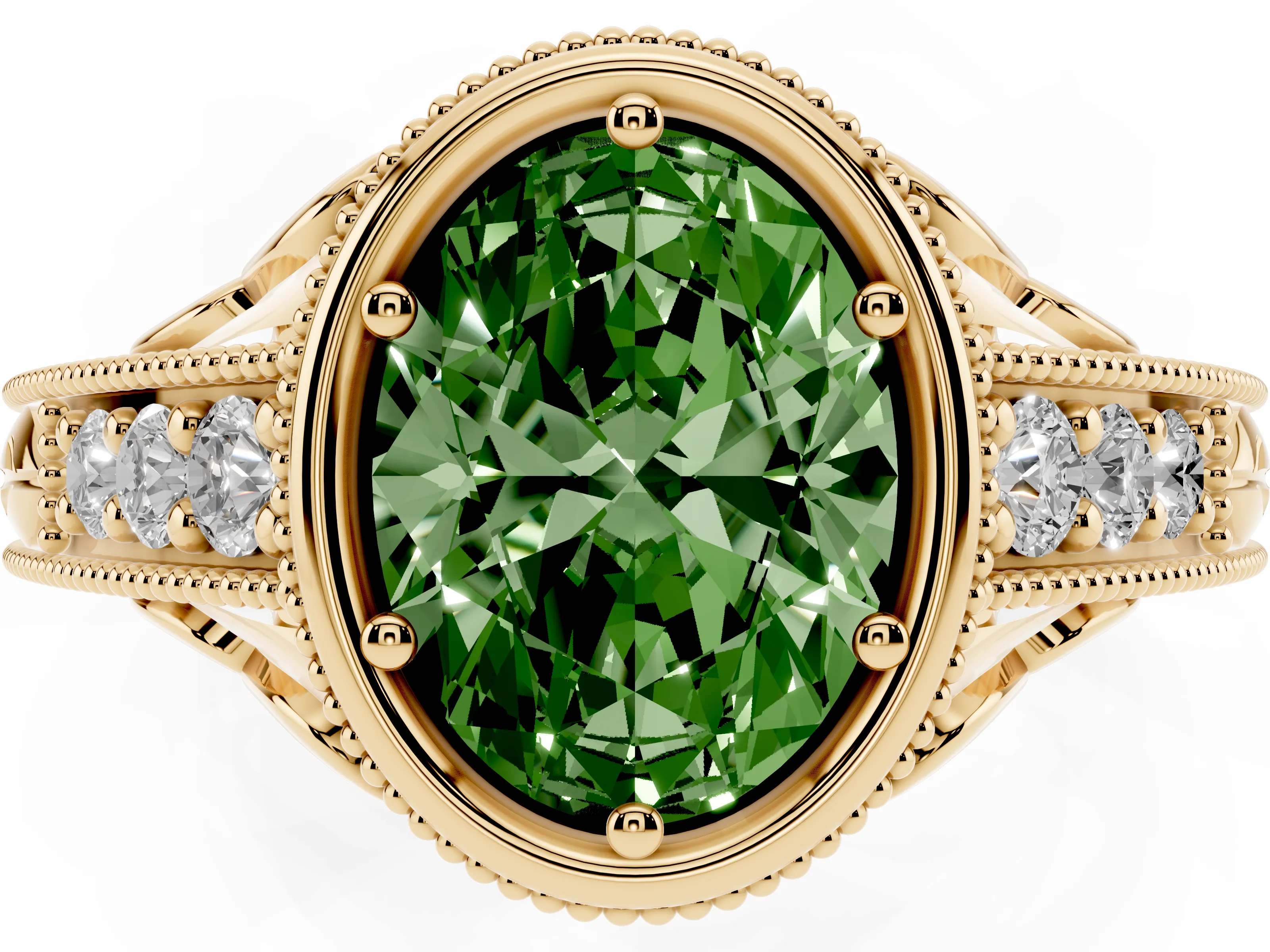 Fancy Green Bezel Set Oval Cut Diamond Milgrain Pavé Engagement Ring Set in Yellow gold