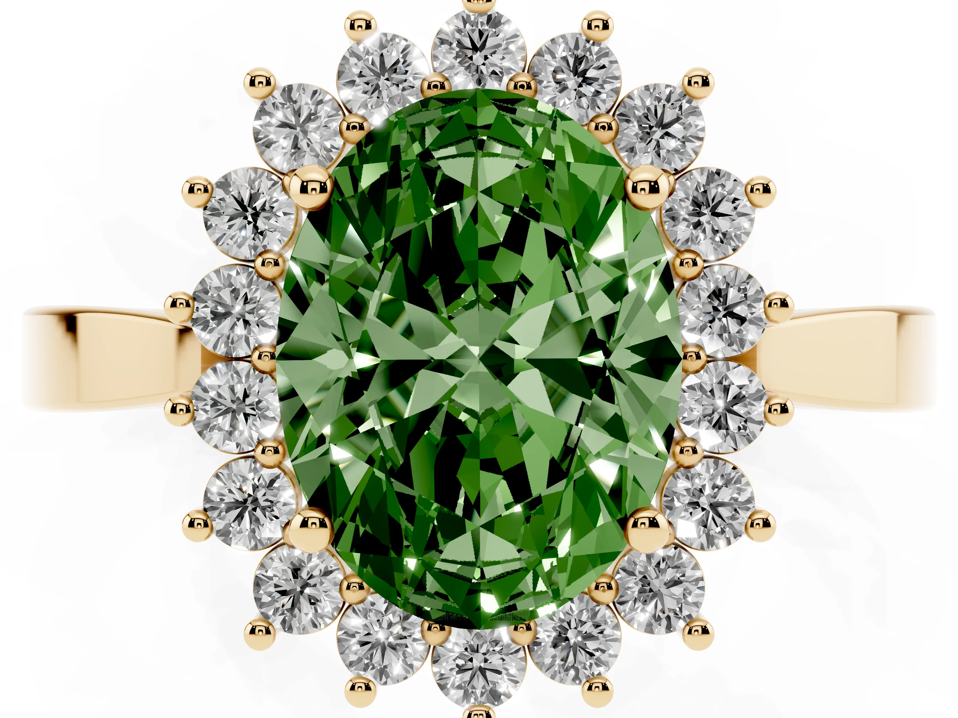 Fancy Green Oval Cut Diamond Halo Ring Set in Yellow gold with Round Halo and Smooth Solitaire Band