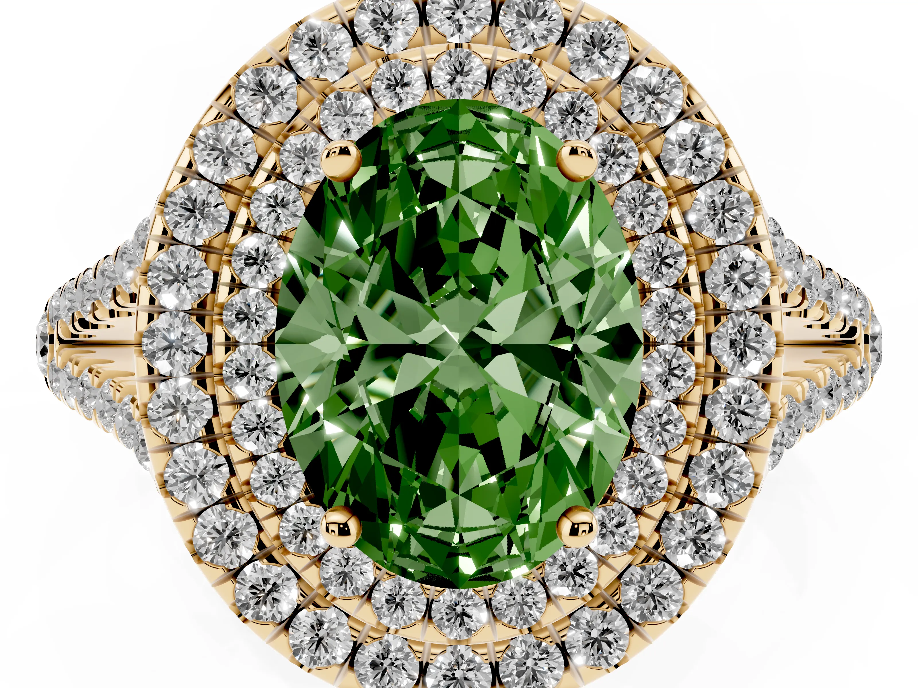 Fancy Green Oval Cut Diamond Double Halo Ring Set in Yellow gold with Pavé Band