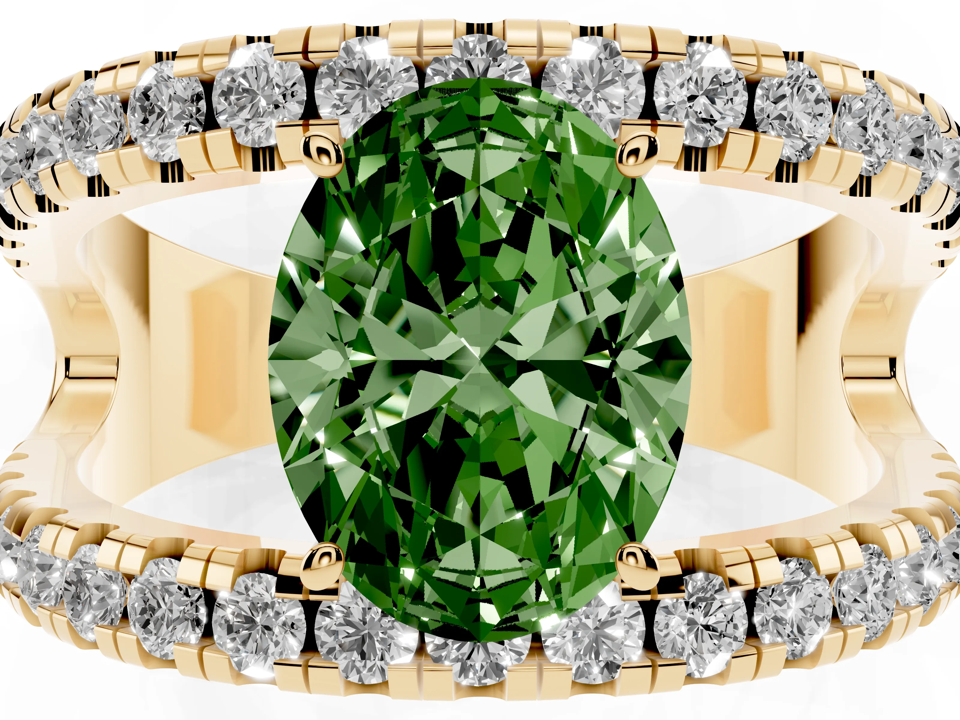 Fancy Green Oval Cut Diamond Split Shank Pavé Solitaire Ring Set in Yellow gold with Open Shank Design