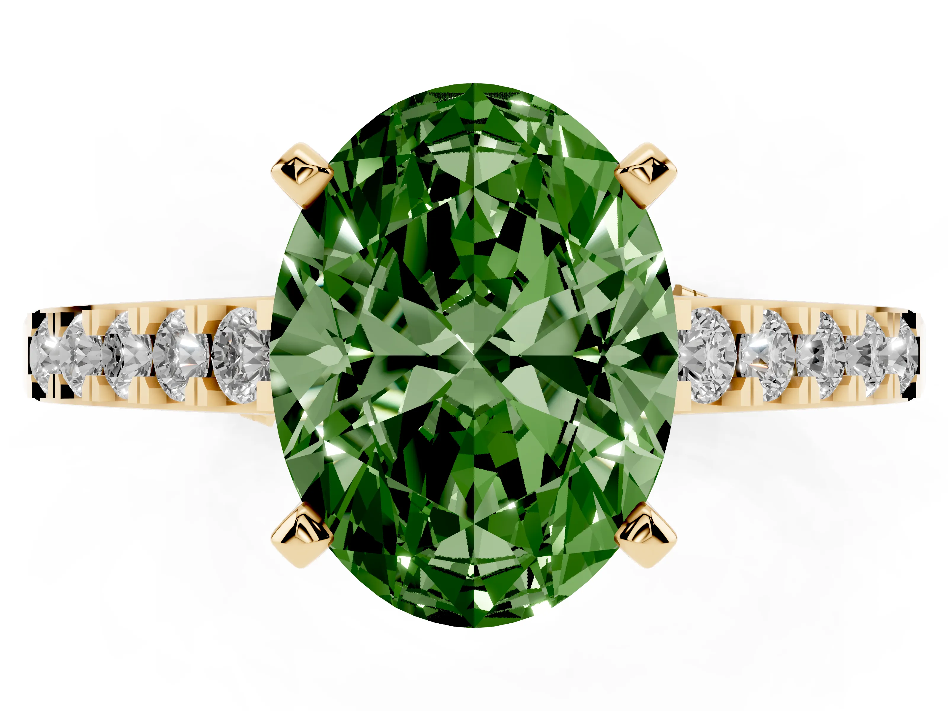 Fancy Green Oval Cut Diamond Solitaire Ring Set in Yellow gold with Crossover Gallery and Round Pavé Band