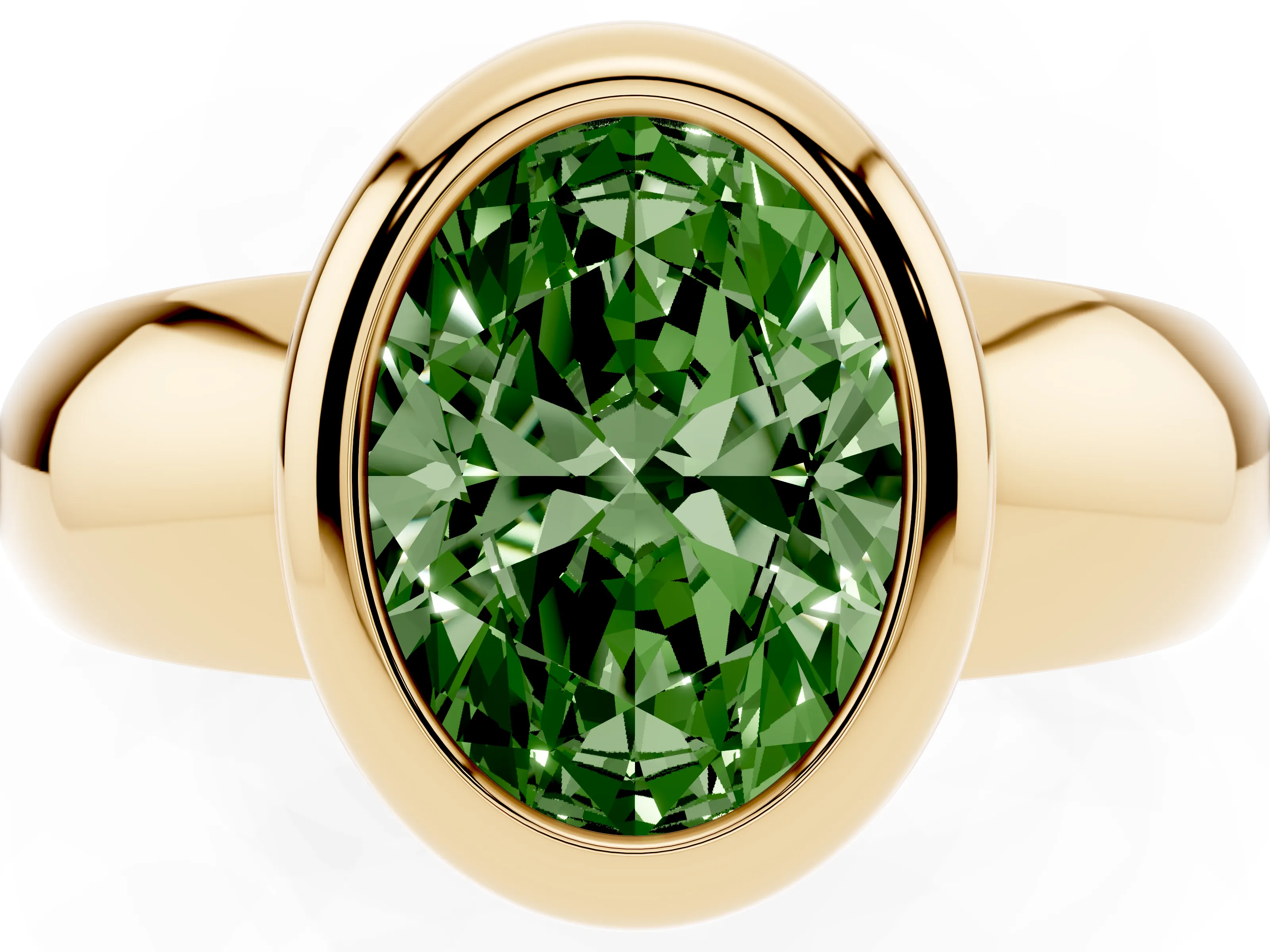 Fancy Green Bezel Set Oval Cut Diamond Solitaire Ring Set in Yellow gold with Wide Band
