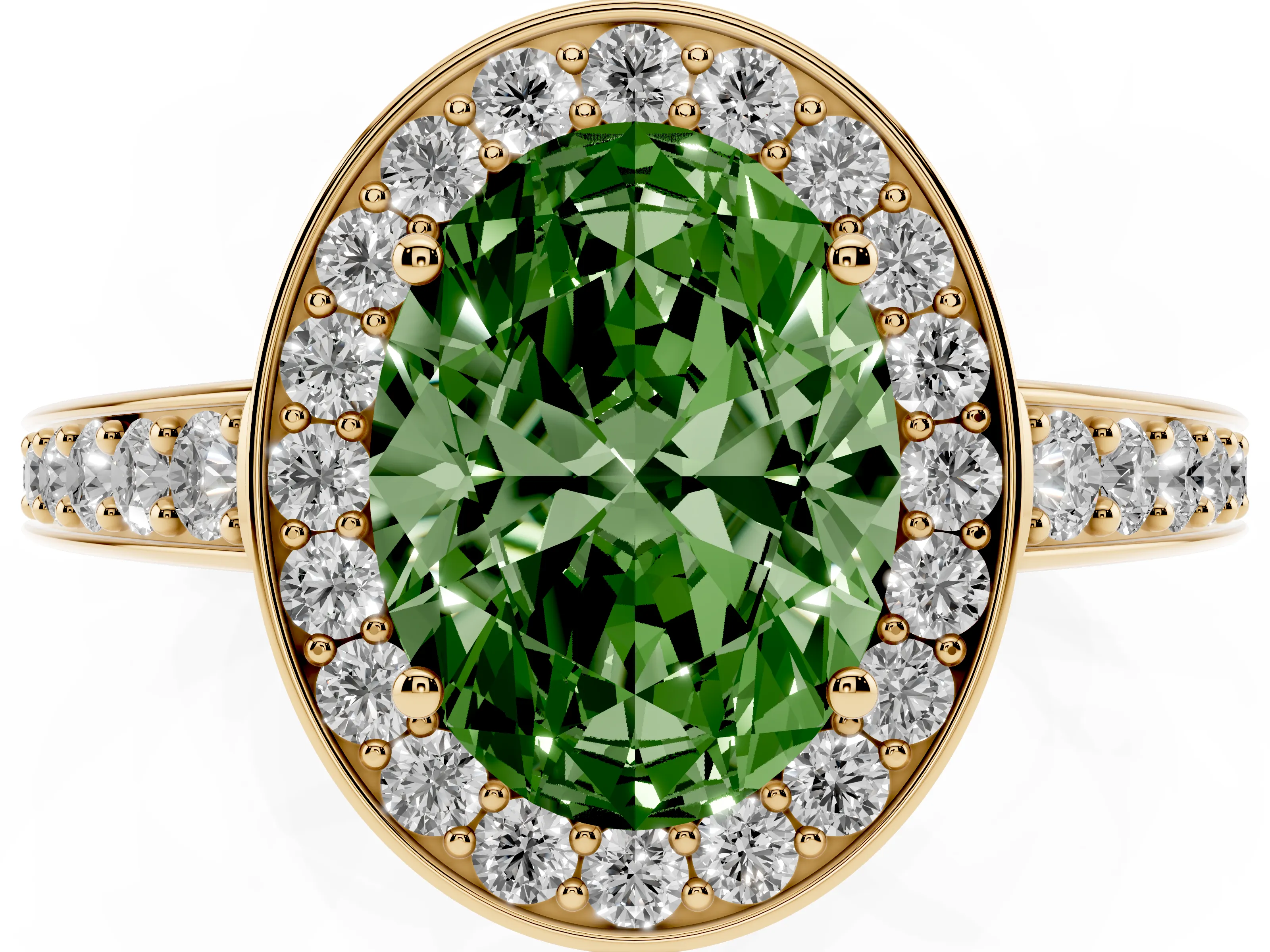 Fancy Green Oval Cut Diamond Halo Pavé Engagement Ring Set in Yellow gold with Bezel Setting