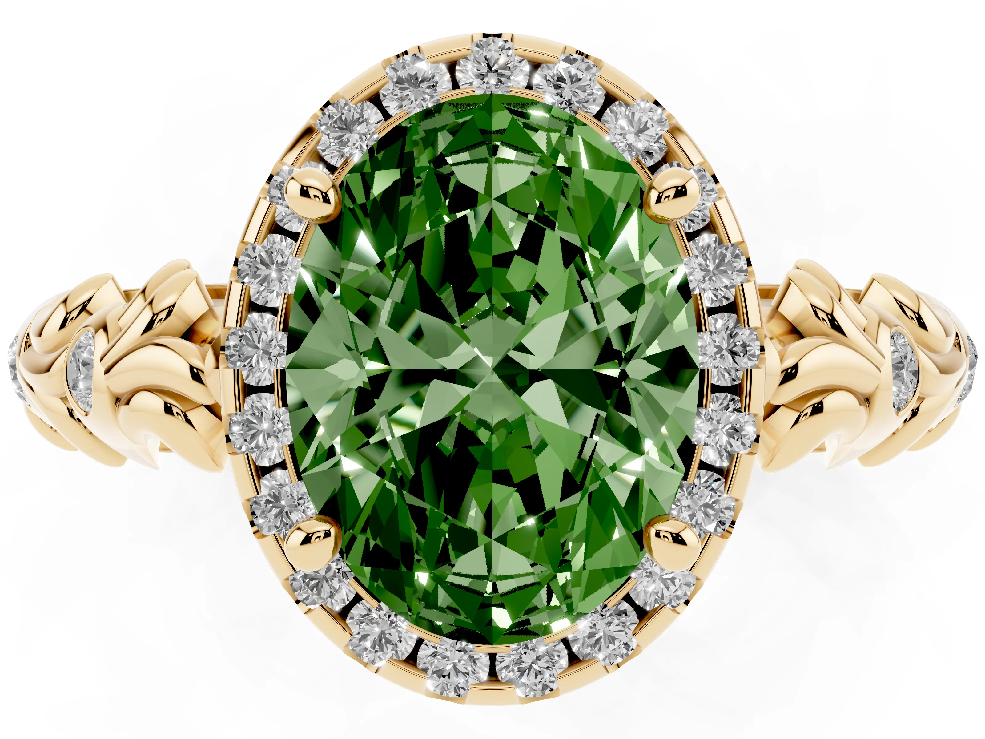 Fancy Green Oval Cut Diamond Halo Ring Set in Yellow gold with Filigree Leaf Band and Prong Setting