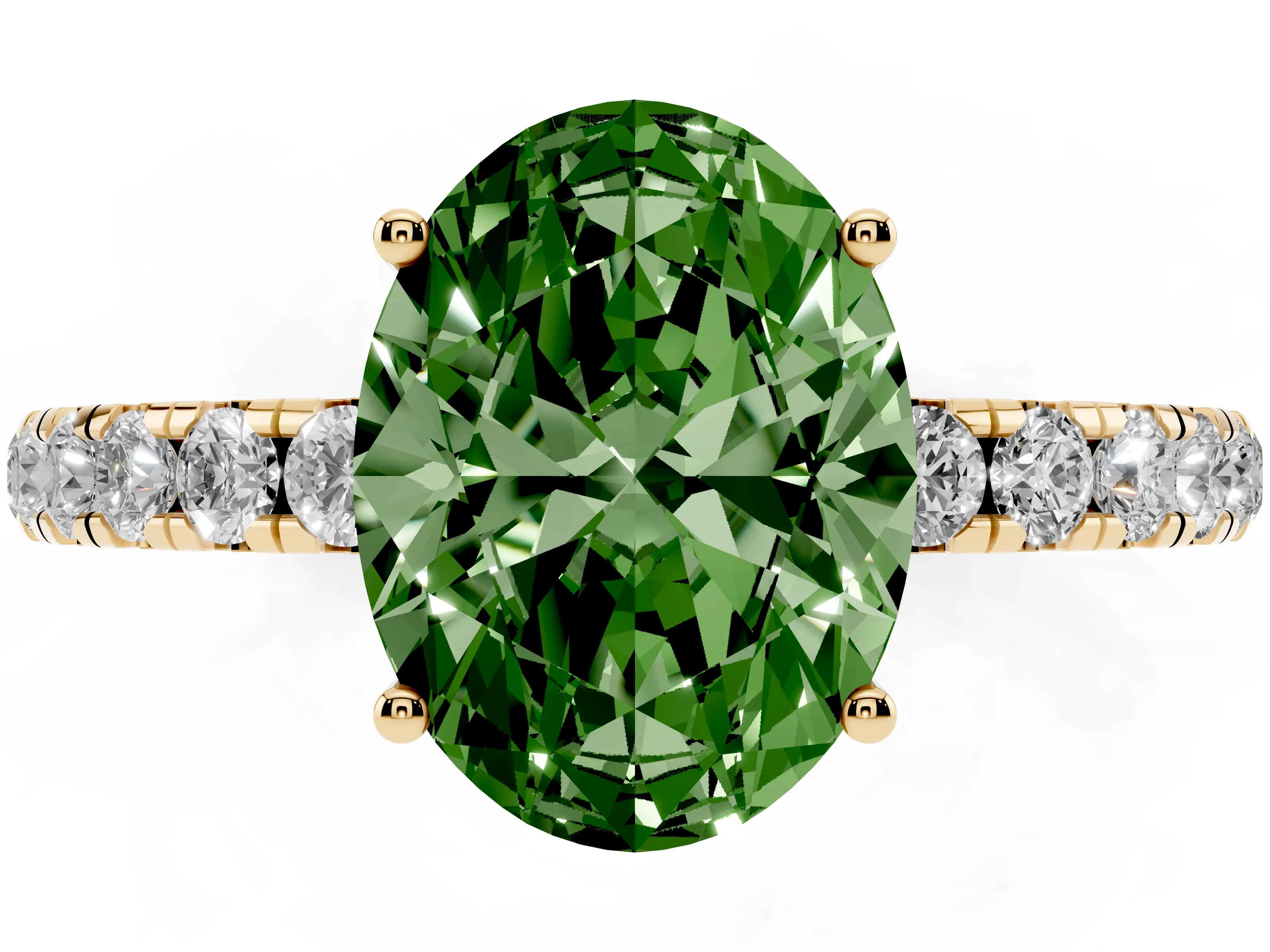 Fancy Green Oval Cut Diamond Pavé Solitaire Engagement Ring Set in Yellow gold with Prong Setting