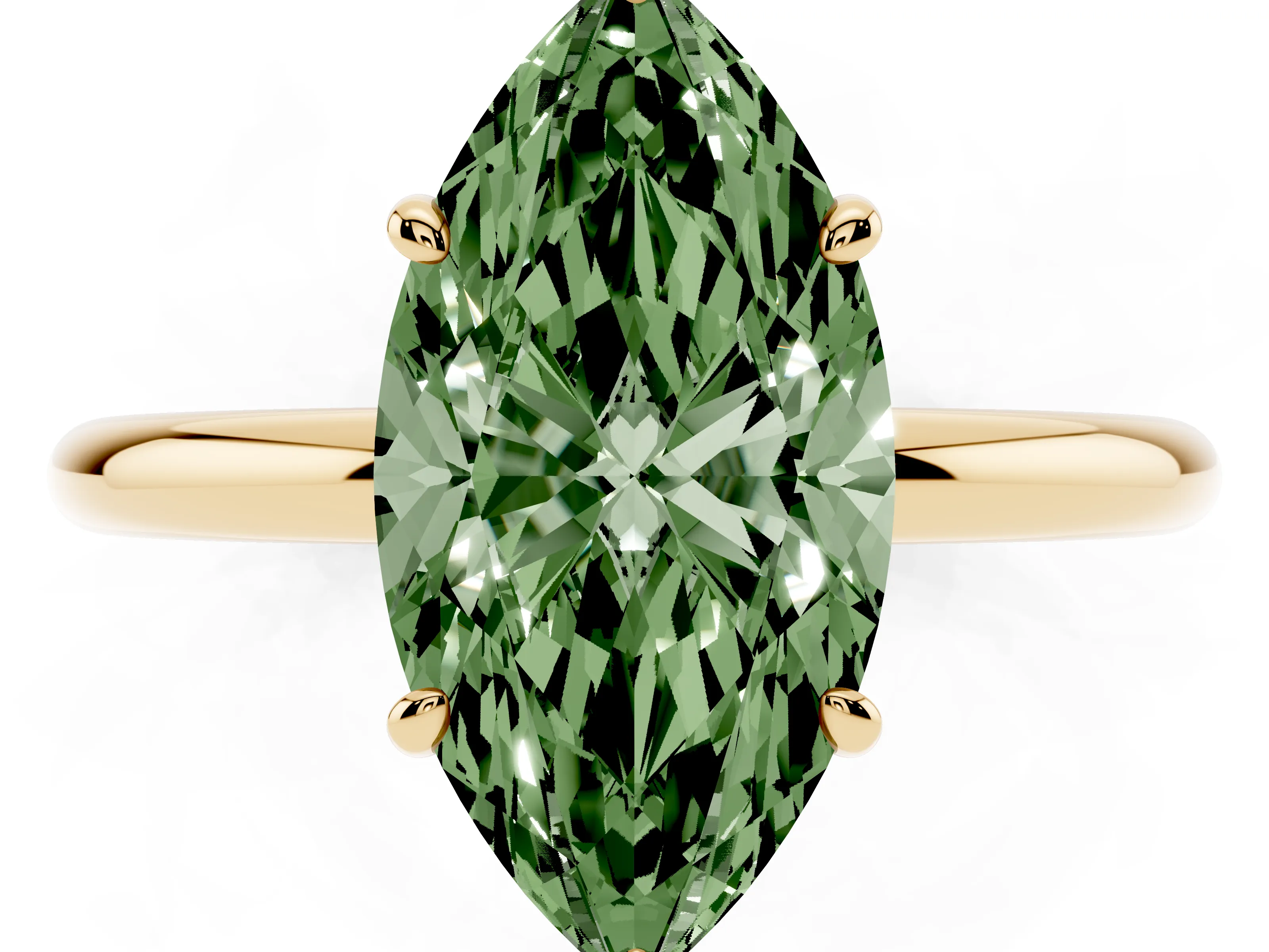 Fancy Green Oval Cut Diamond Solitaire Ring Set in Yellow gold with Prong Setting on a Polished Plain Band