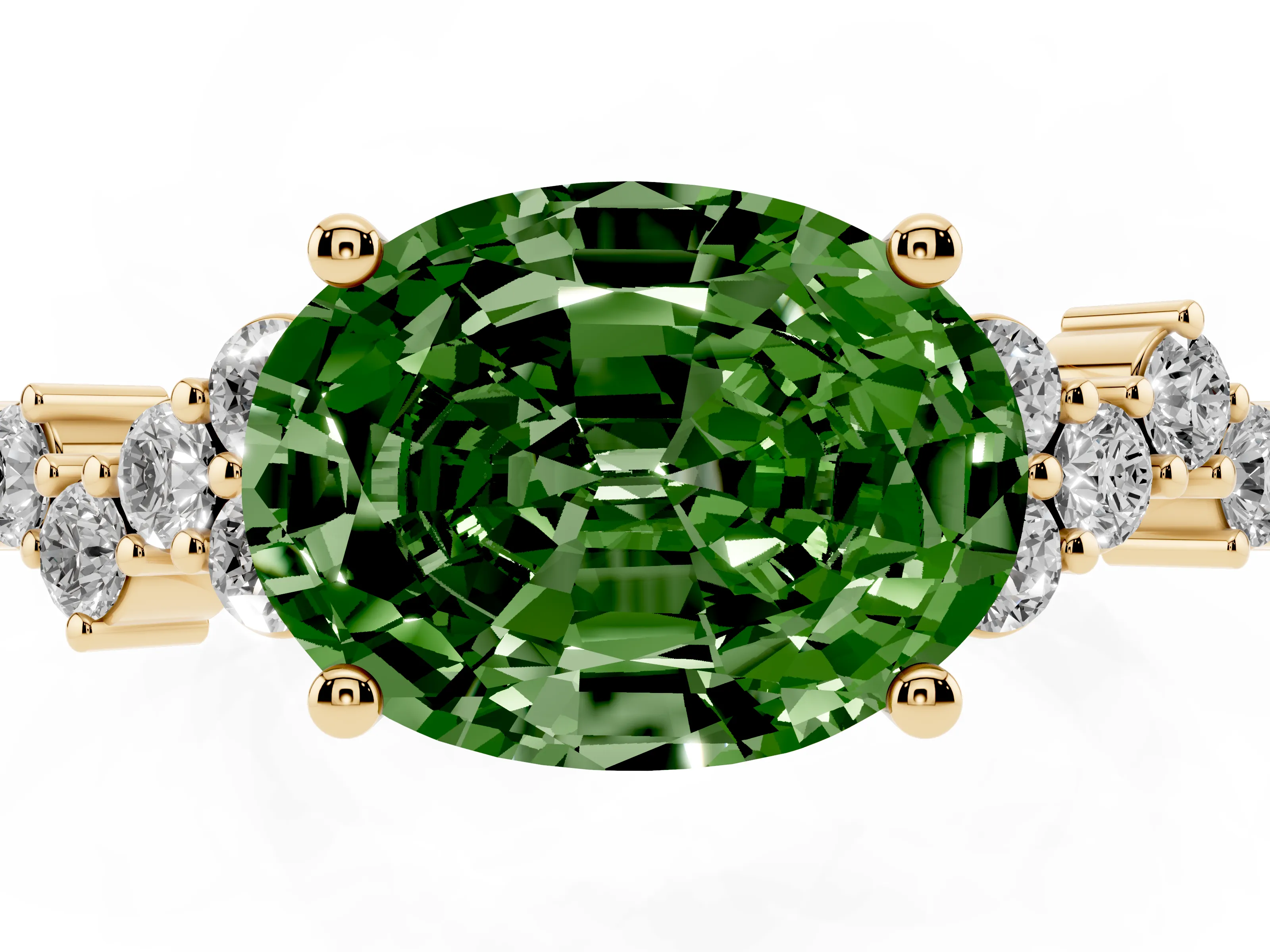 Fancy Green Oval Cut Diamond Ring Set in Yellow gold with Scattered Round Accents