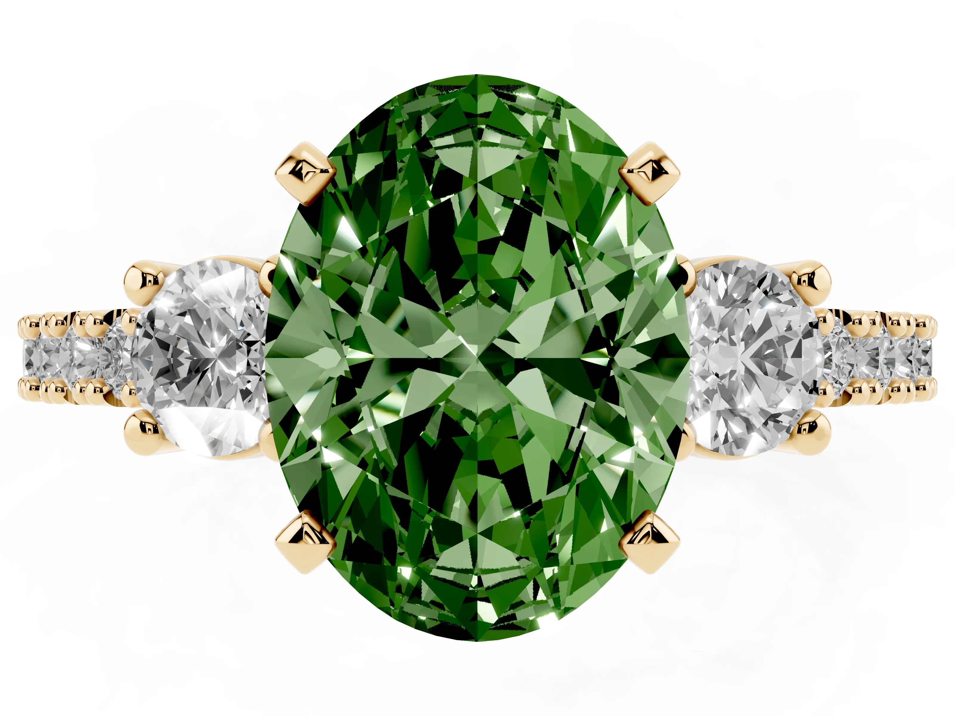 Fancy Green Three-Stone Oval Cut Diamond Pavé Band Ring Set in Yellow gold with Prong Setting