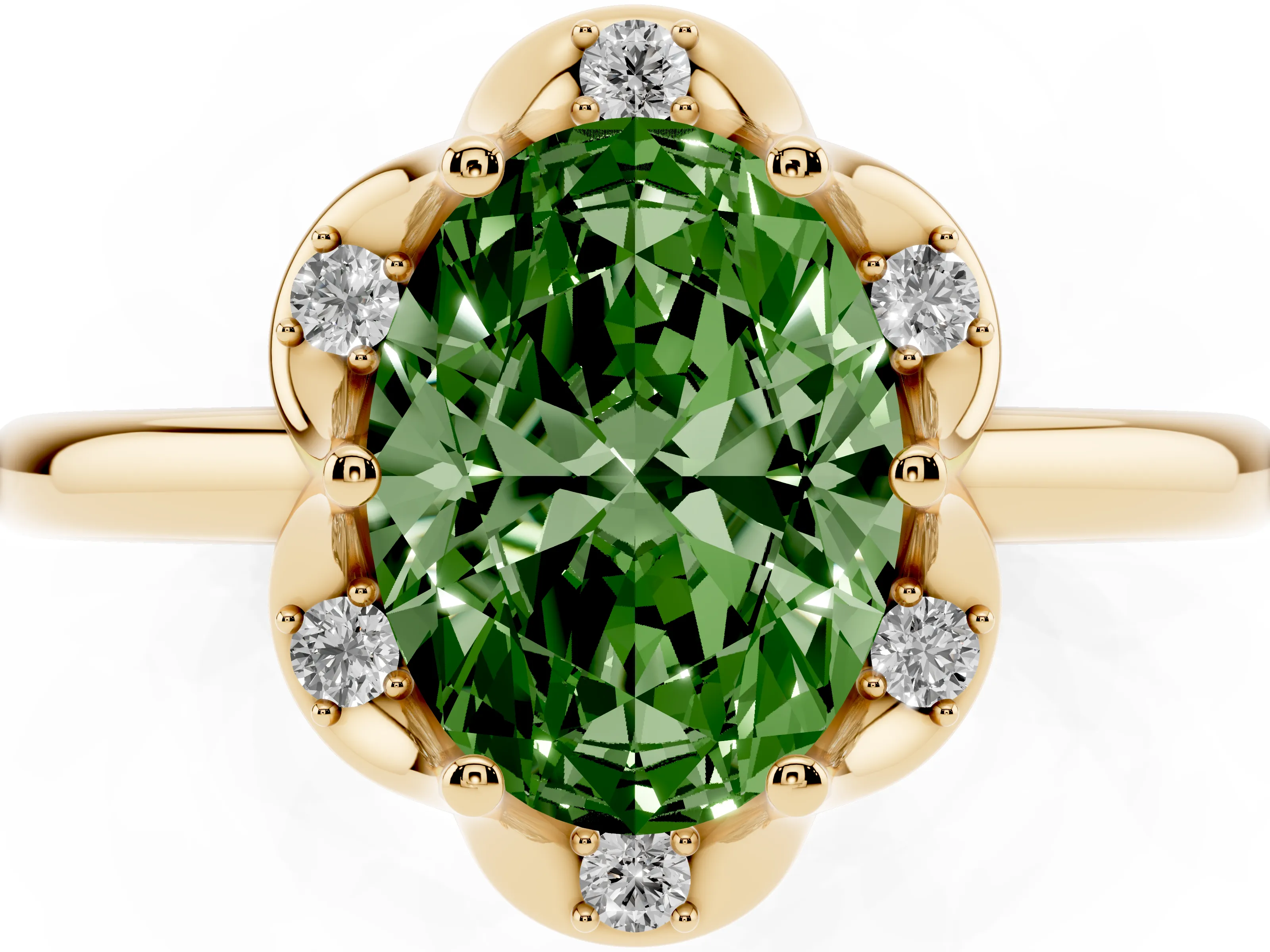 Fancy Green Oval Cut Diamond Round Cluster Halo Ring Set in Yellow gold with Solitaire Band and Prong Setting