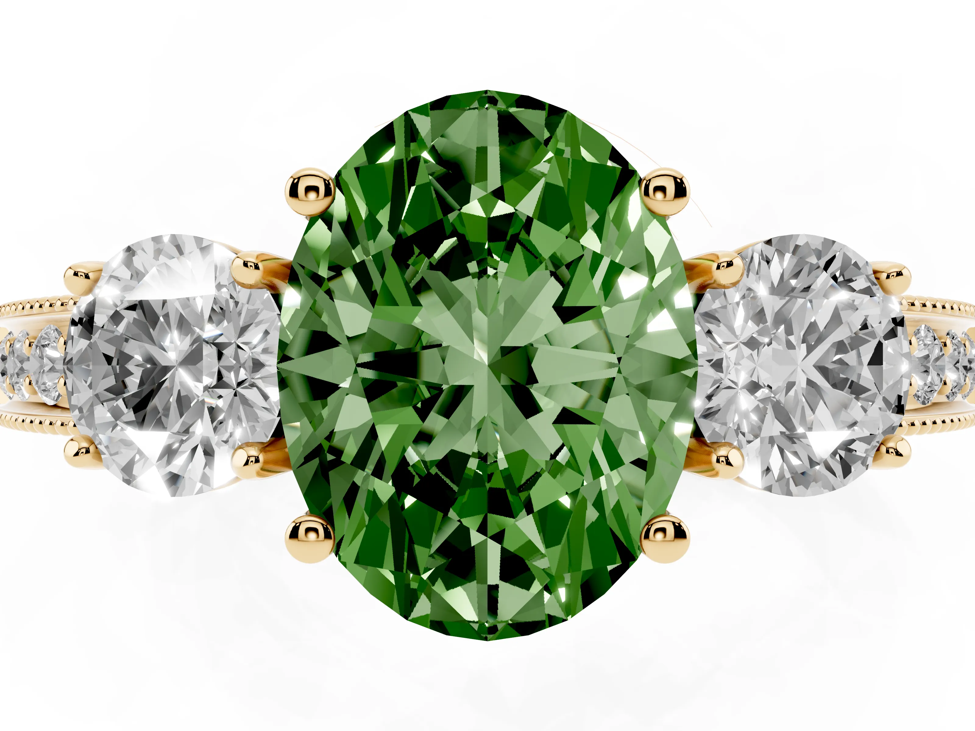 Fancy Green Oval Cut Diamond Three-Stone Ring Set in Yellow gold with Round Side Stones and Pavé Band