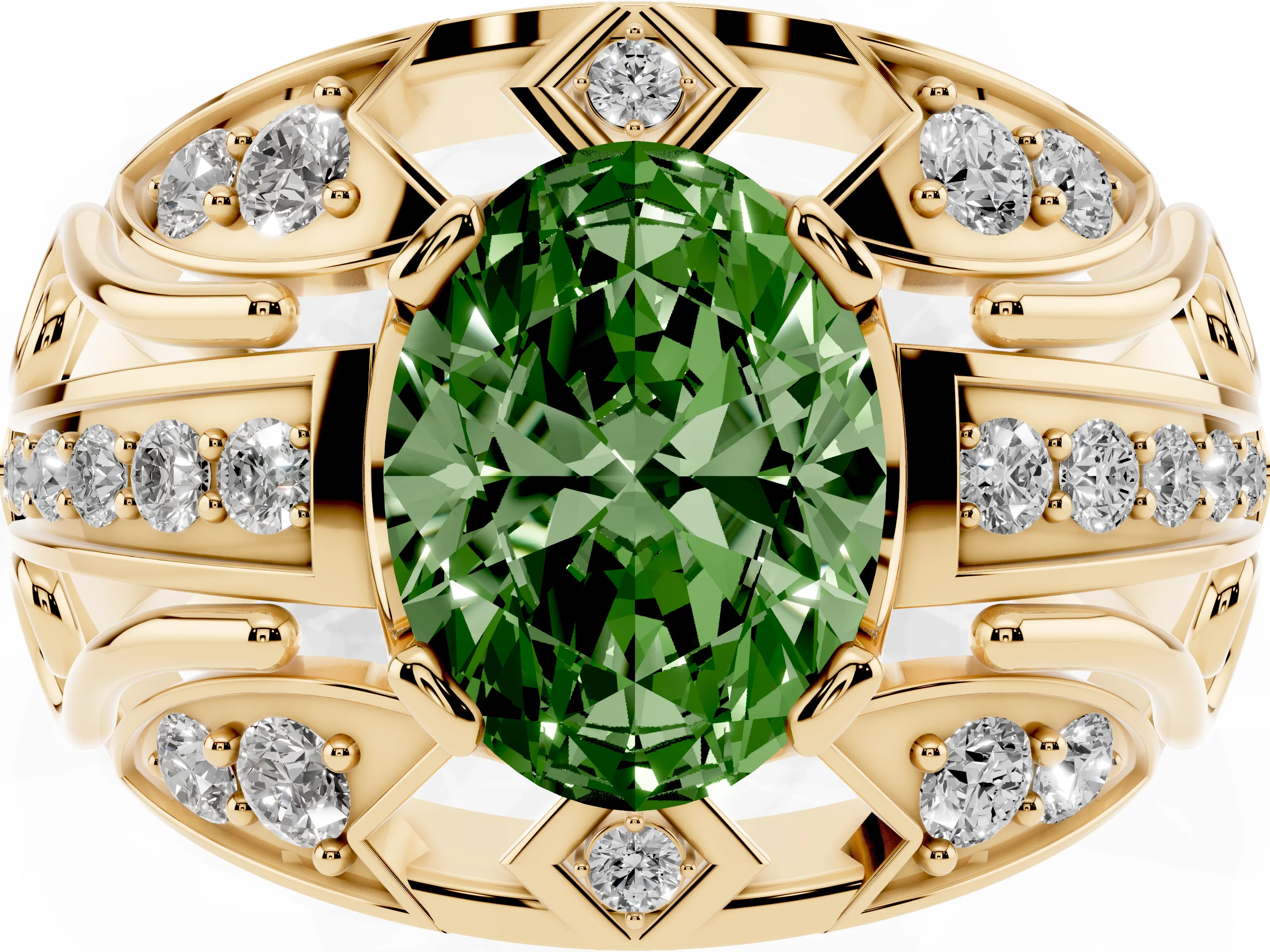 Fancy Green Oval Cut Diamond Art Deco Ring Set in Yellow gold with Pavé Split Shank