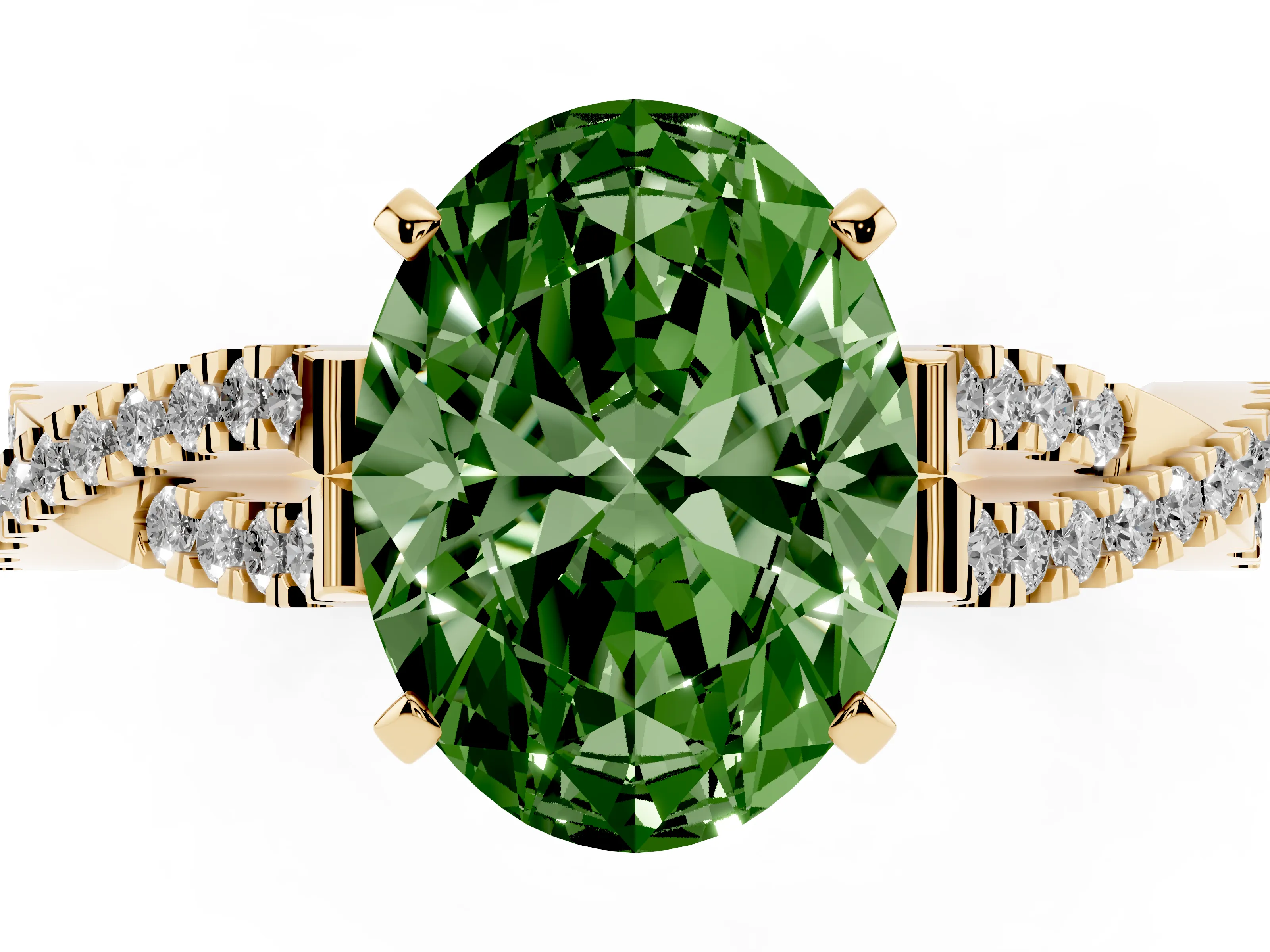 Fancy Green Oval Cut Diamond Solitaire Engagement Ring Set in Yellow gold with Twisted Pavé Band and Prong Setting
