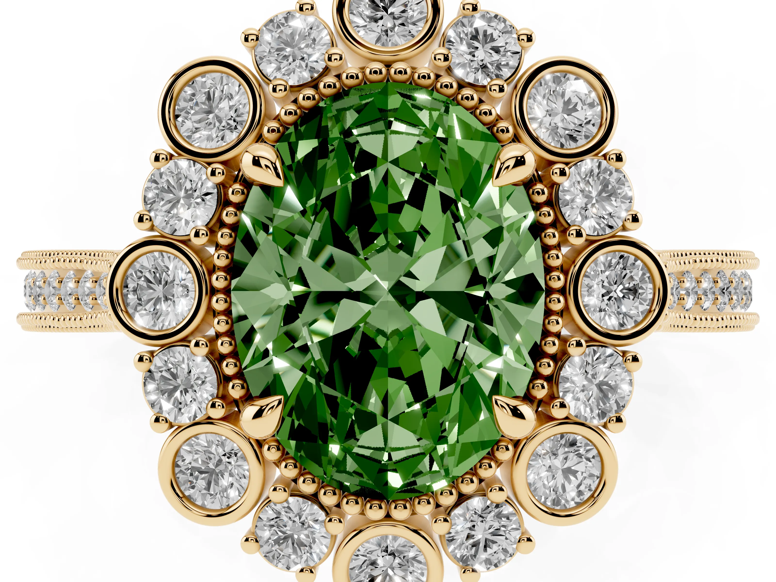 Fancy Green Oval Cut Diamond Halo Milgrain Pavé Ring Set in Yellow gold with Prong Setting